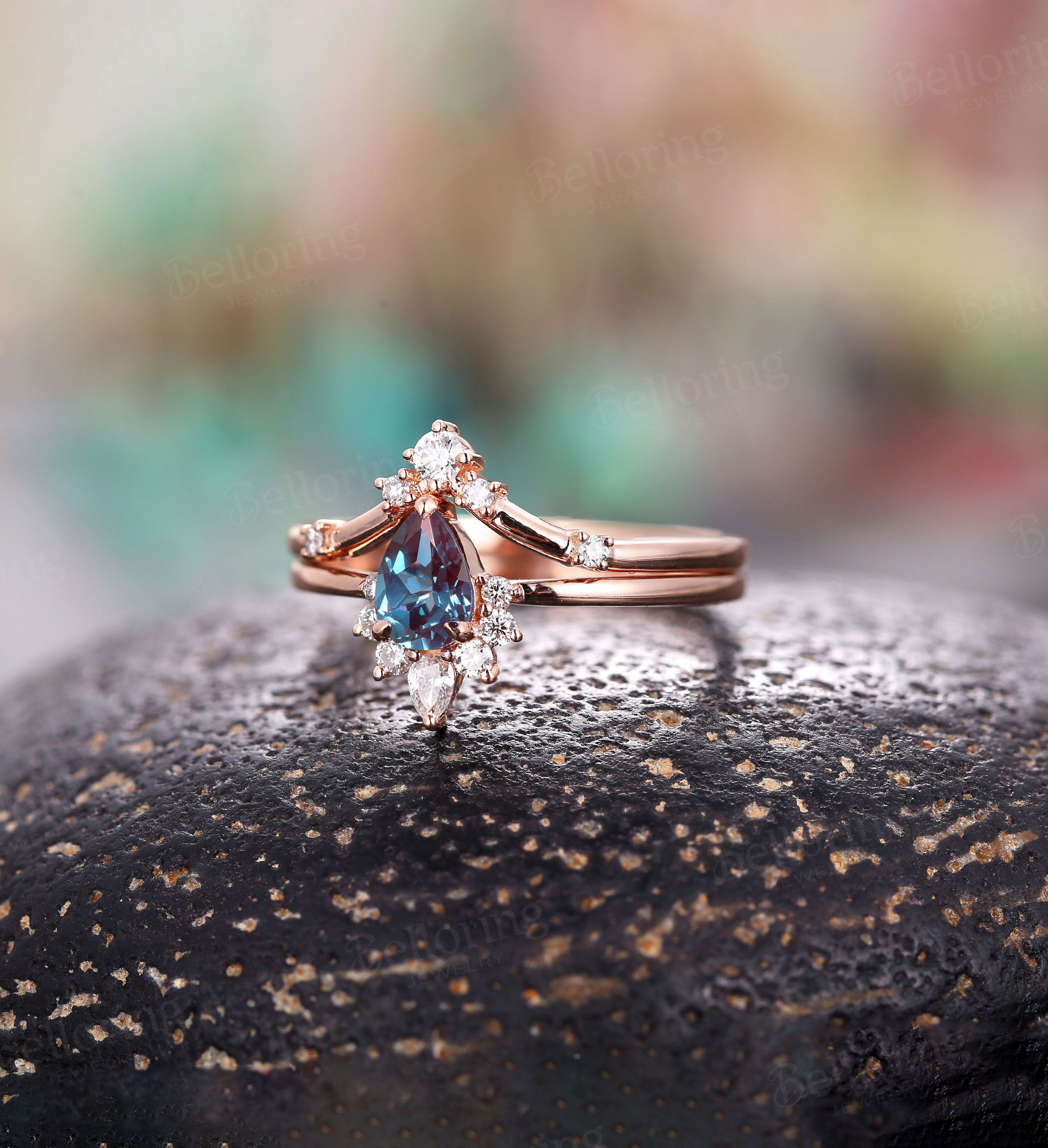 Alexandrite engagement ring set vintage pear shaped rose gold wedding band unique moissanite wedding ring set art deco Anniversary ring