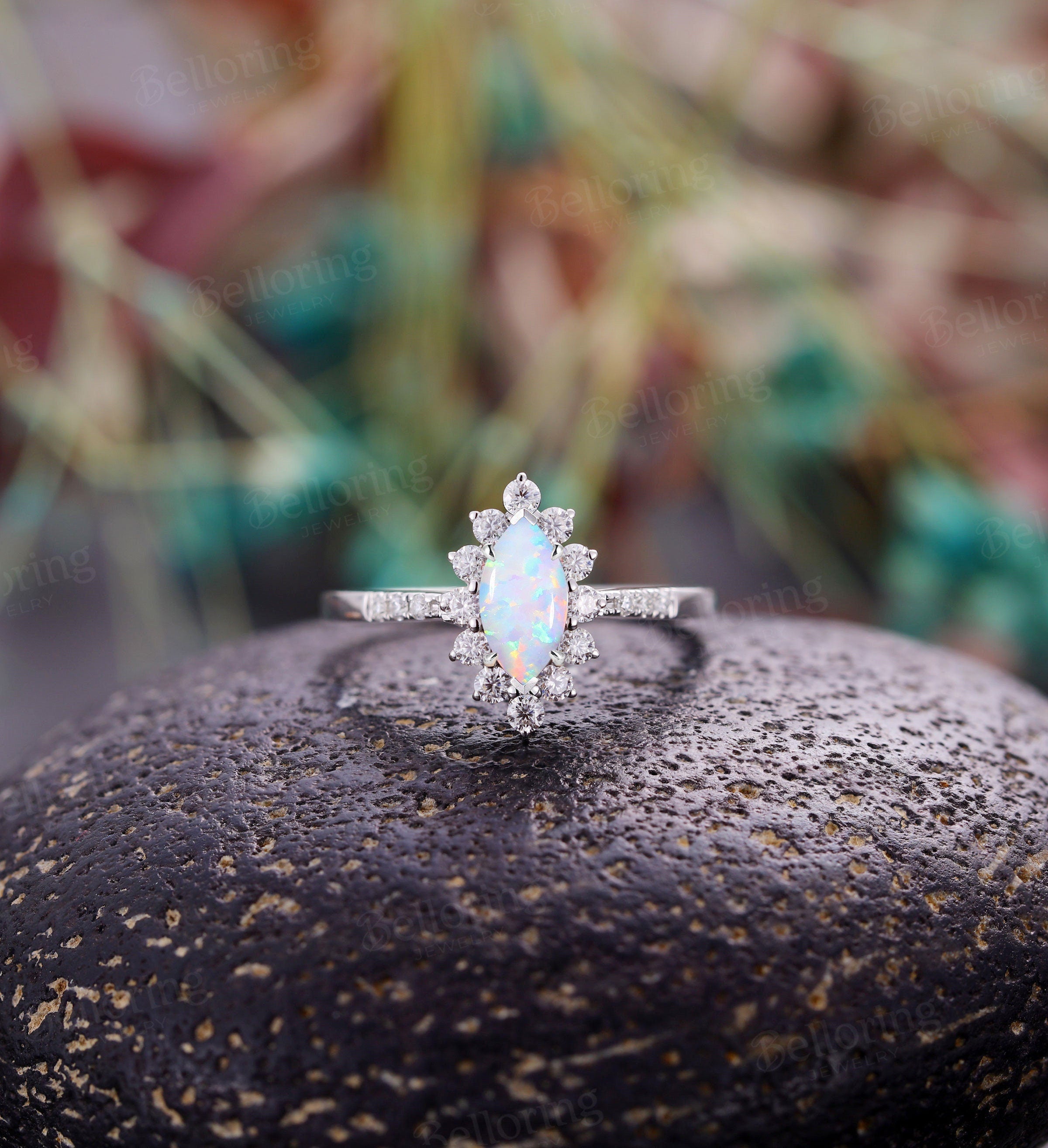 Marquise cut Lab Opal engagement ring for  Vintage white gold moissanite halo promise  Art deco Jewelry unique solid gold antique ring