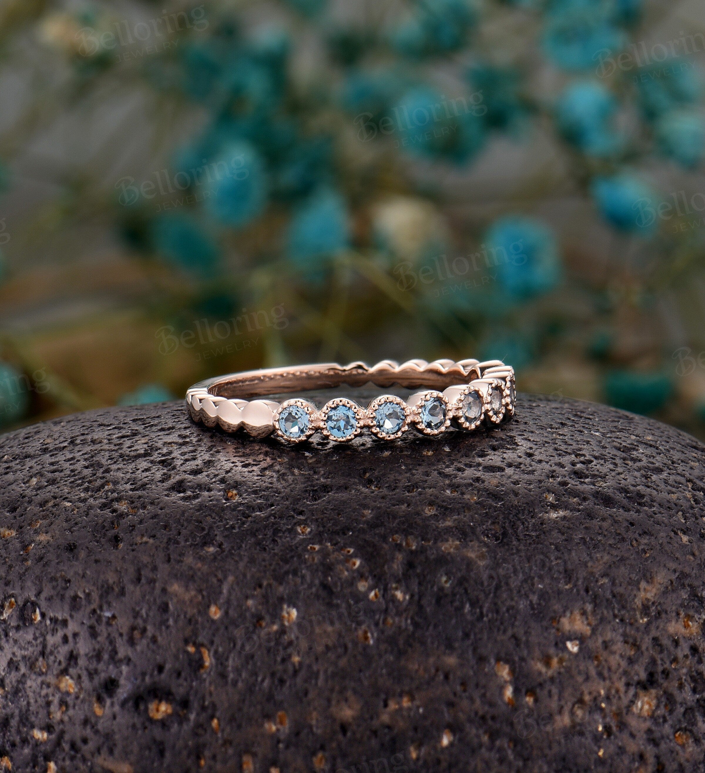 London Blue topaz Unique rose gold Antique wedding band, Art Deco stacking ring, Vintage Bridal round cut Anniversary Promise ring