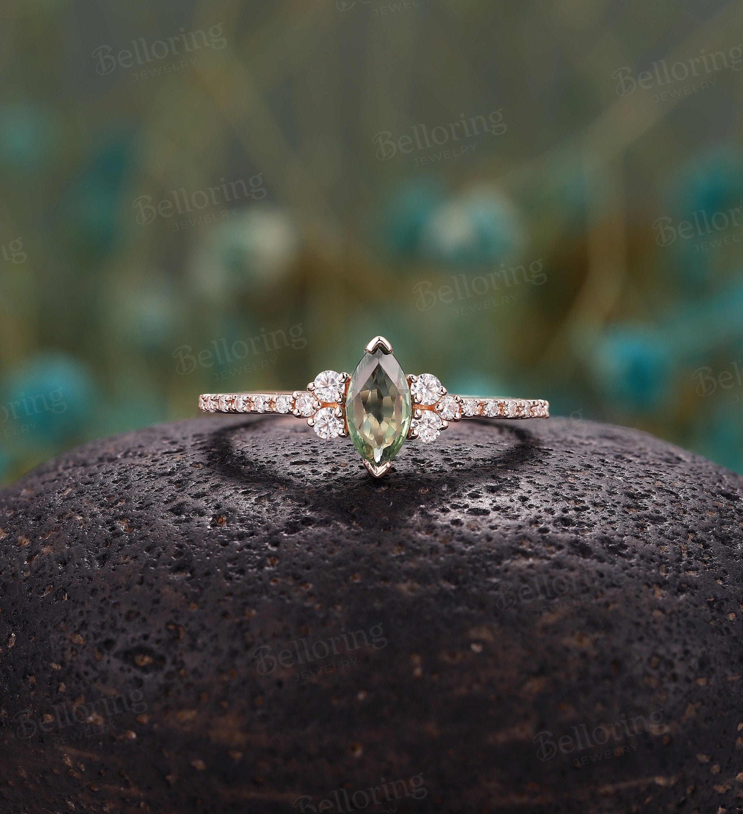 Green sapphire engagement ring vintage Rose gold marquise cut moissanite Half eternity unique Wedding Promise Anniversary wedding ring