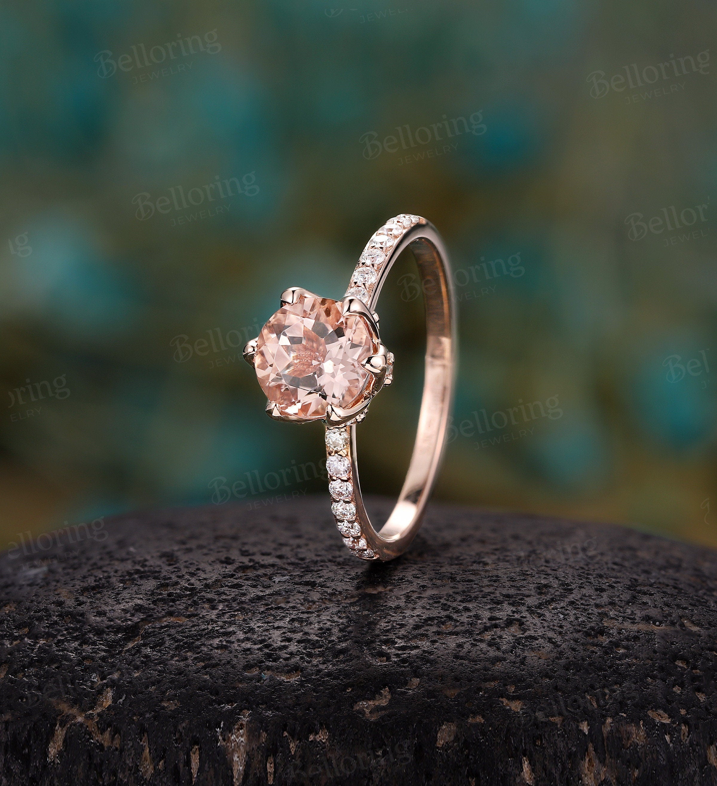 Morganite engagement ring vintage prong set unique rose gold half eternity moissanite art deco Wedding  Jewelry anniversary gift