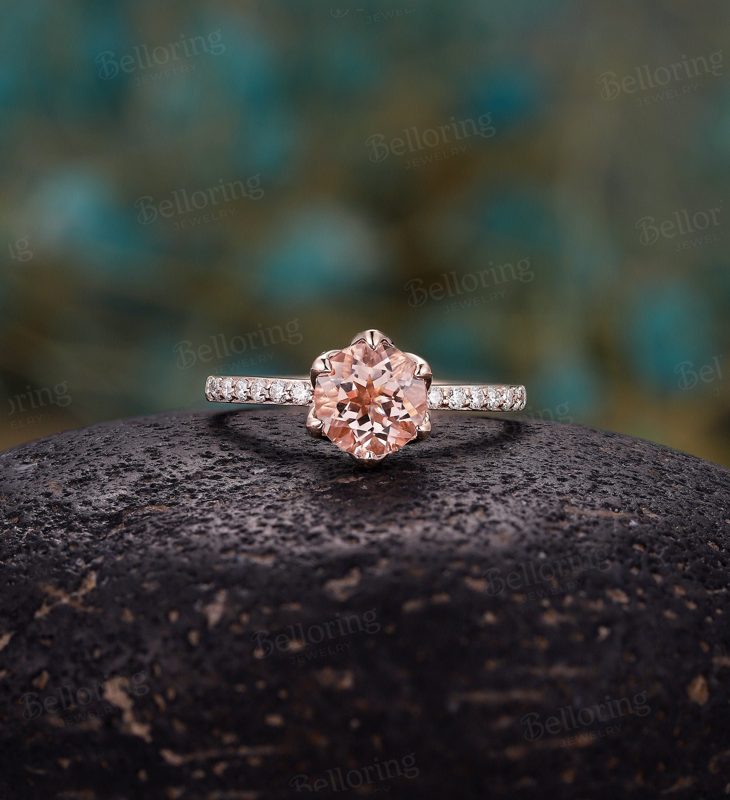 Morganite engagement ring vintage prong set unique rose gold half eternity moissanite art deco Wedding  Jewelry anniversary gift