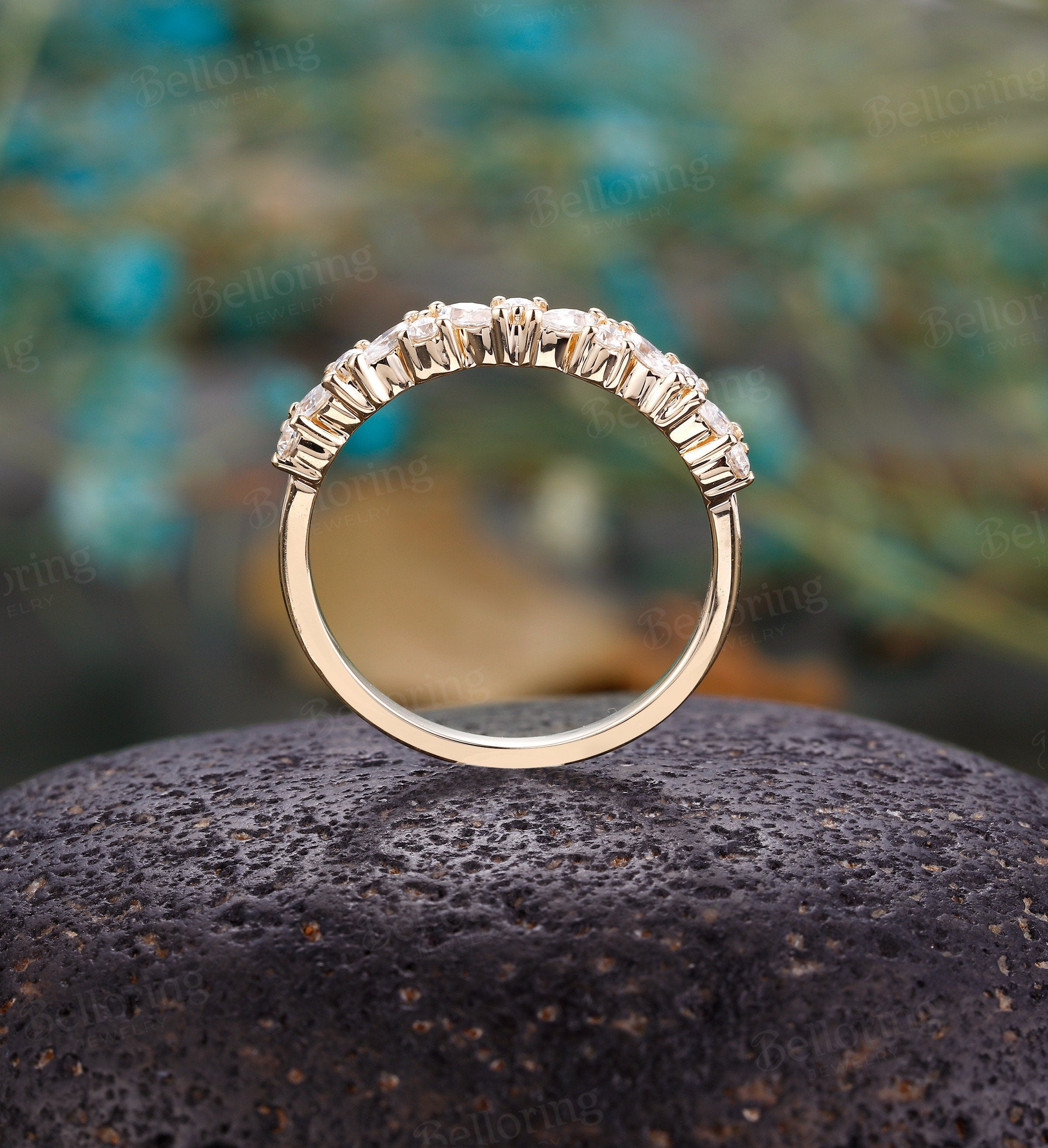 Marquise cut & round Moissanite wedding band, vintage yellow gold Half eternity antique unique bridal ring, Promise Matching band