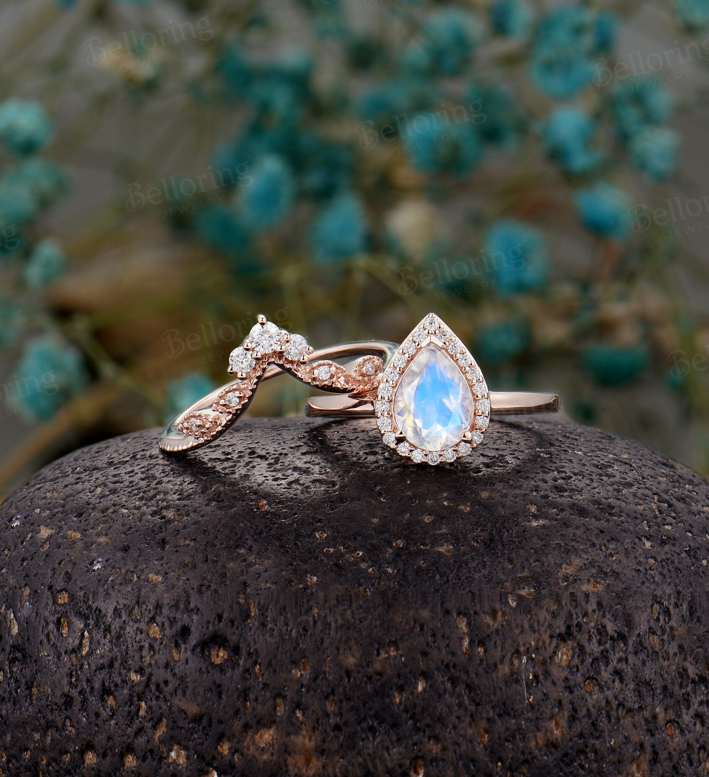 Moonstone engagement ring set  Rose gold pear shaped vintage leaf moissanite unique Wedding Jewelry birthstone Anniversary wedding ring