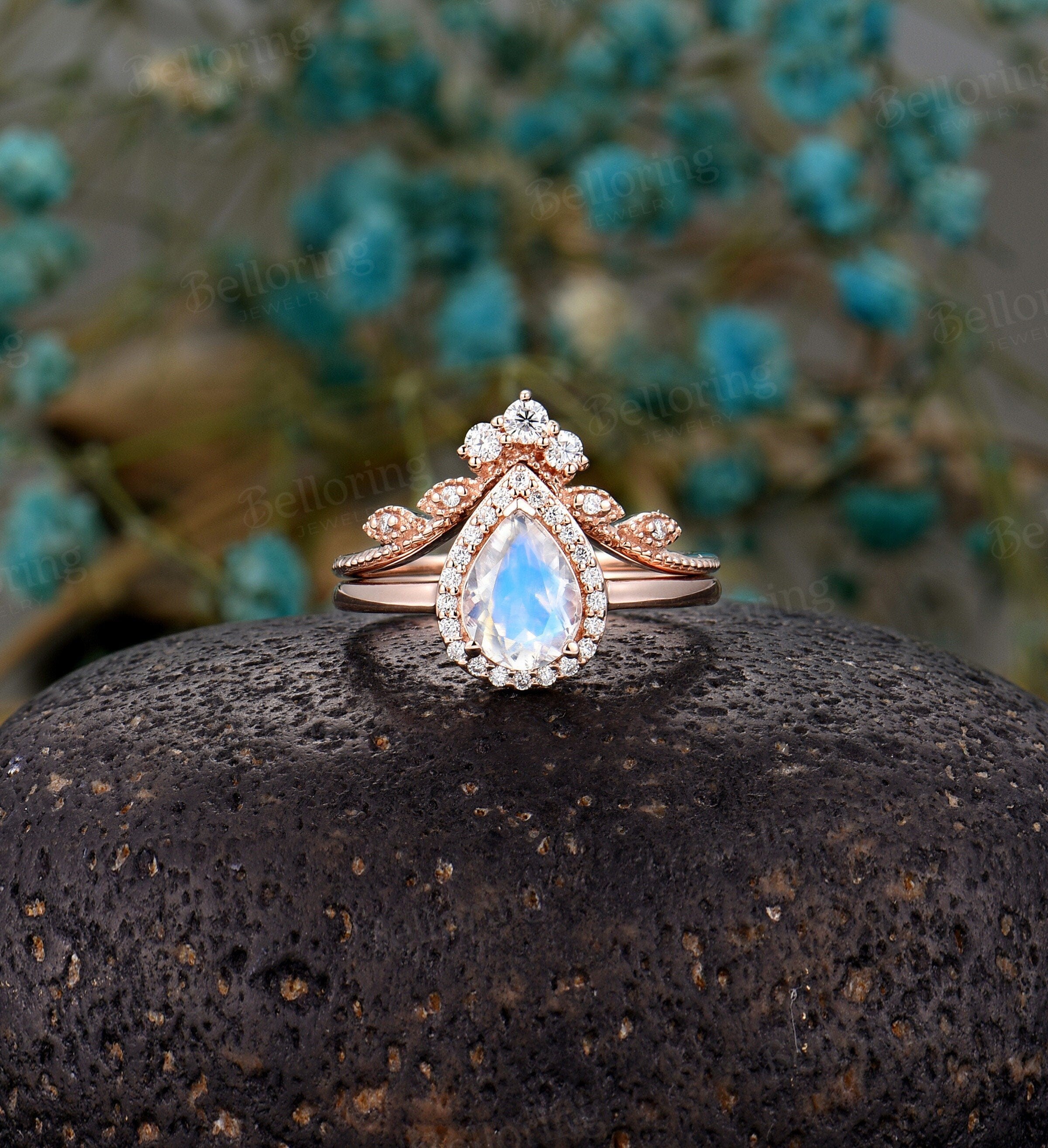 Moonstone engagement ring set  Rose gold pear shaped vintage leaf moissanite unique Wedding Jewelry birthstone Anniversary wedding ring