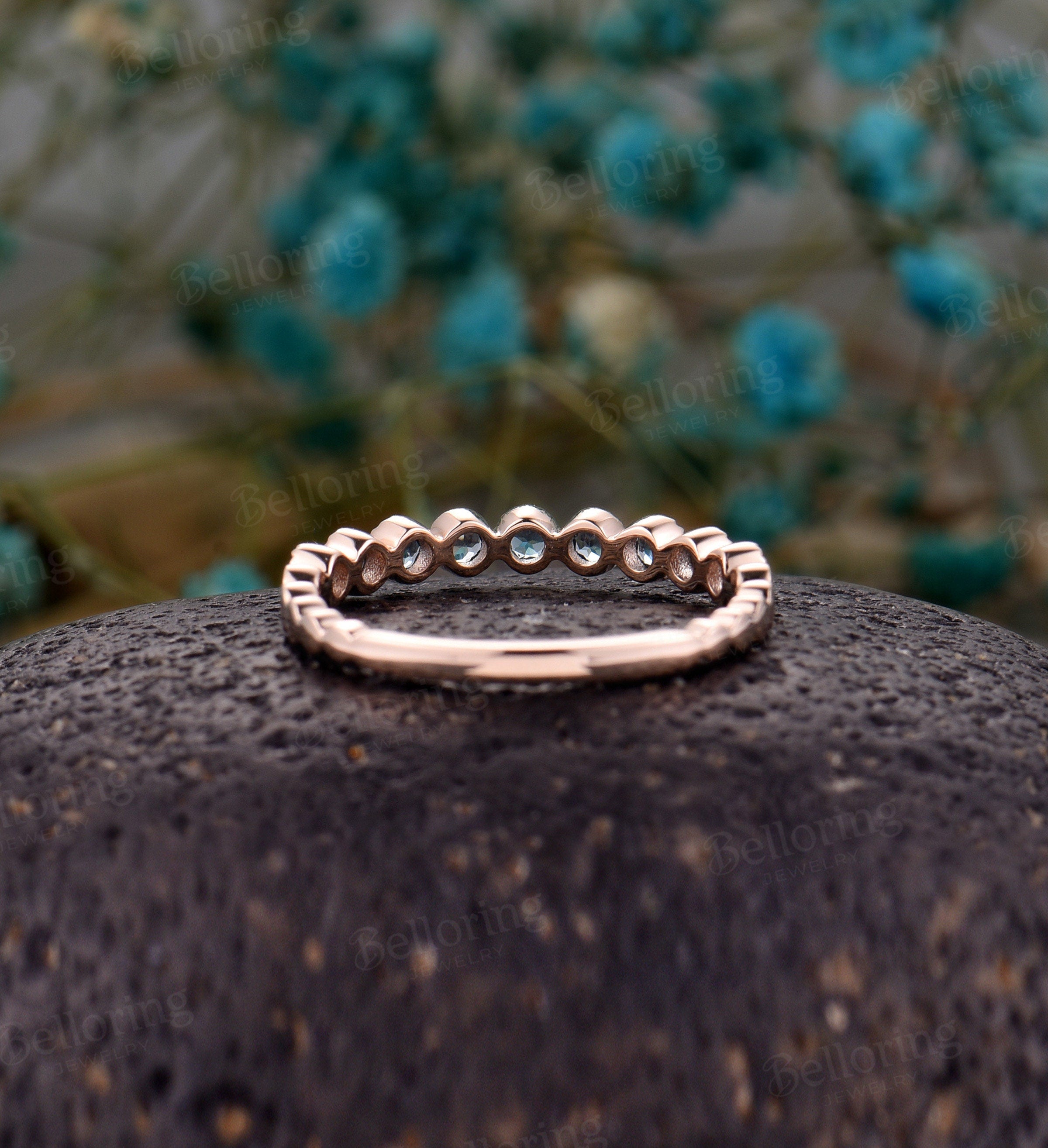 London Blue topaz Unique rose gold Antique wedding band, Art Deco stacking ring, Vintage Bridal round cut Anniversary Promise ring