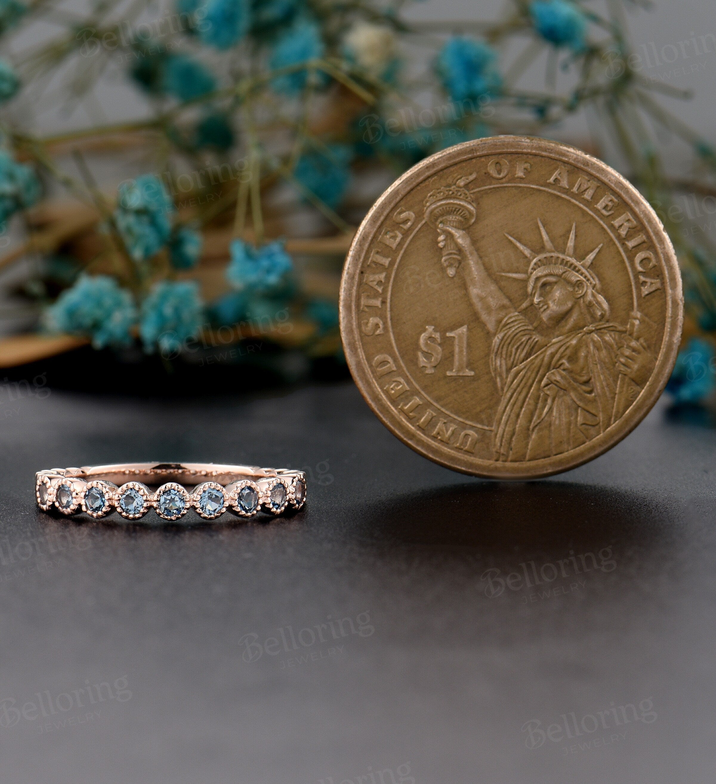 London Blue topaz Unique rose gold Antique wedding band, Art Deco stacking ring, Vintage Bridal round cut Anniversary Promise ring