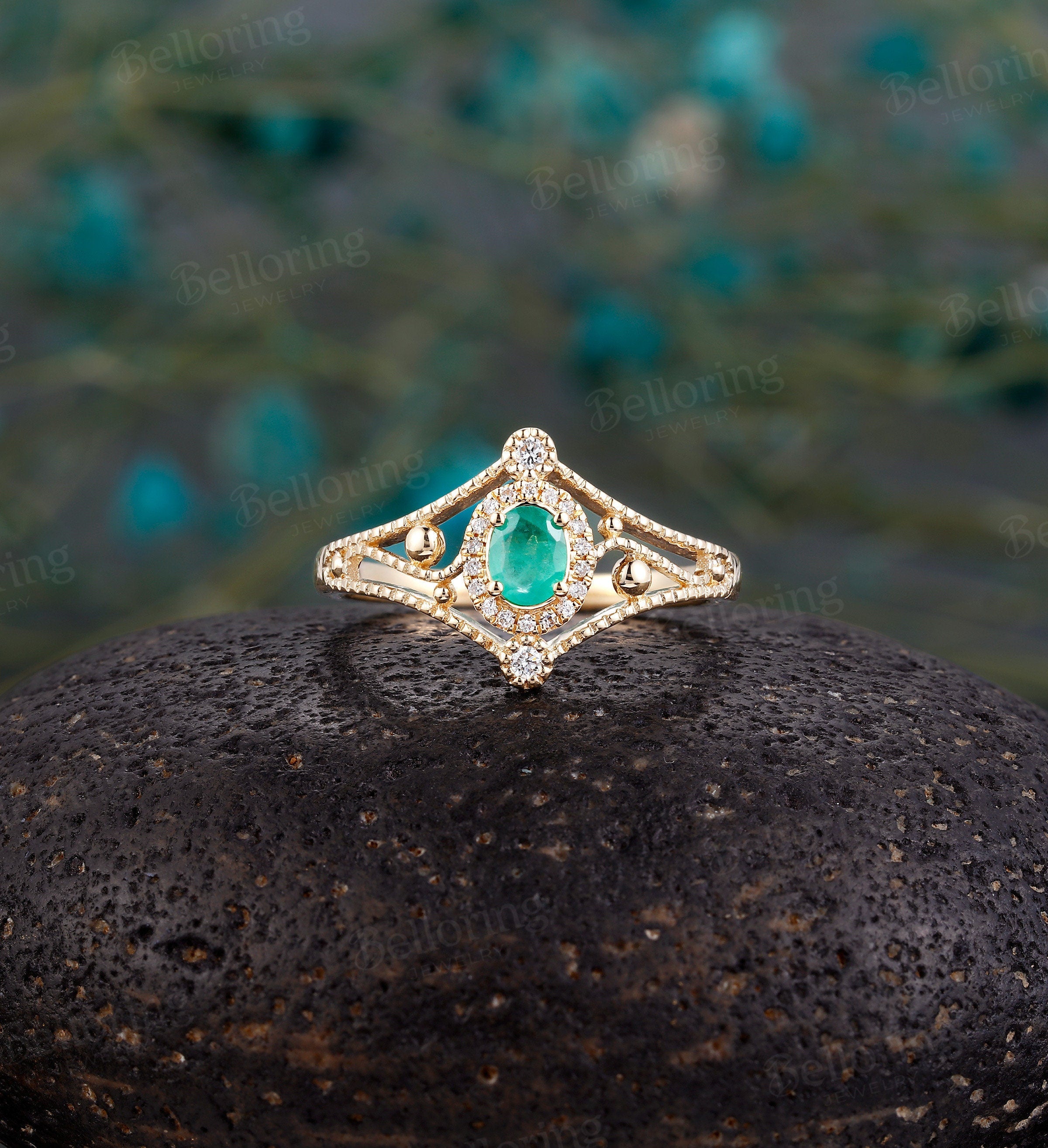 Lab emerald engagement ring 14k rose gold oval cut vintage Halo diamond Half eternity Wedding  Jewelry birthstone Anniversary wedding ring