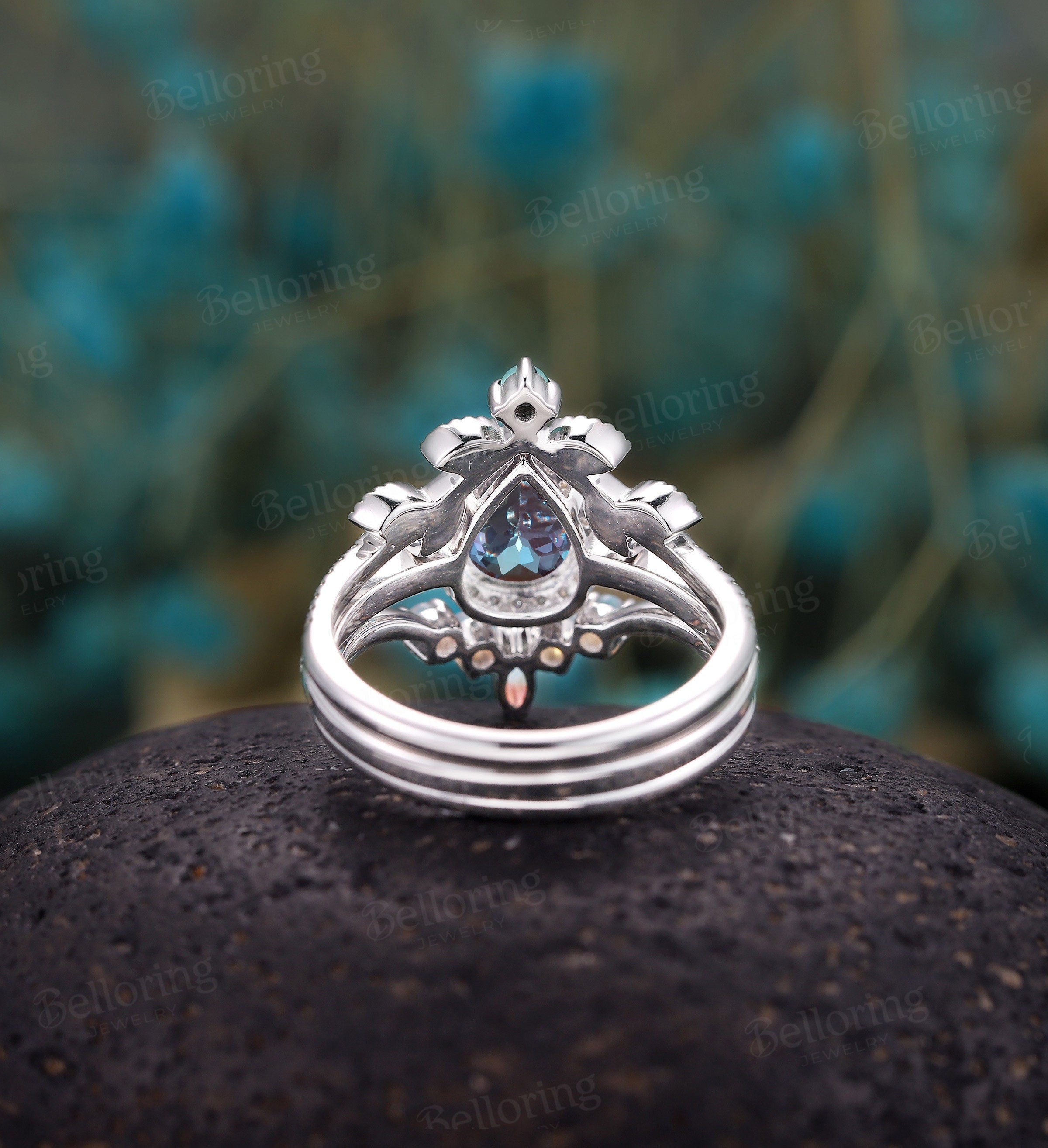 Lab alexandrite bridal set engagement ring Art deco Moissanite/Diamond ring Vintage Pear cut white gold Promise opal band Anniversary ring