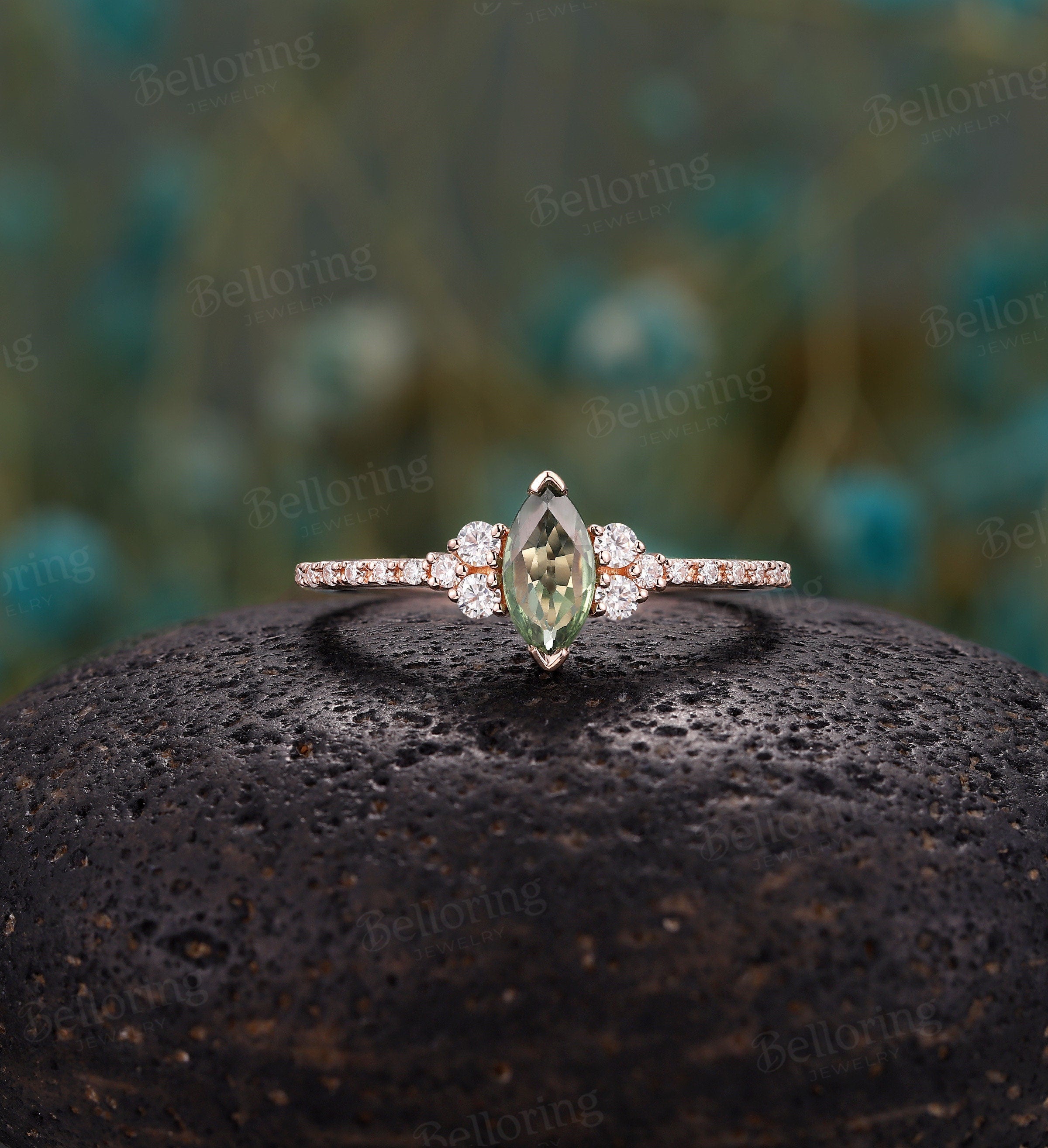 Green sapphire engagement ring vintage Rose gold marquise cut moissanite Half eternity unique Wedding Promise Anniversary wedding ring