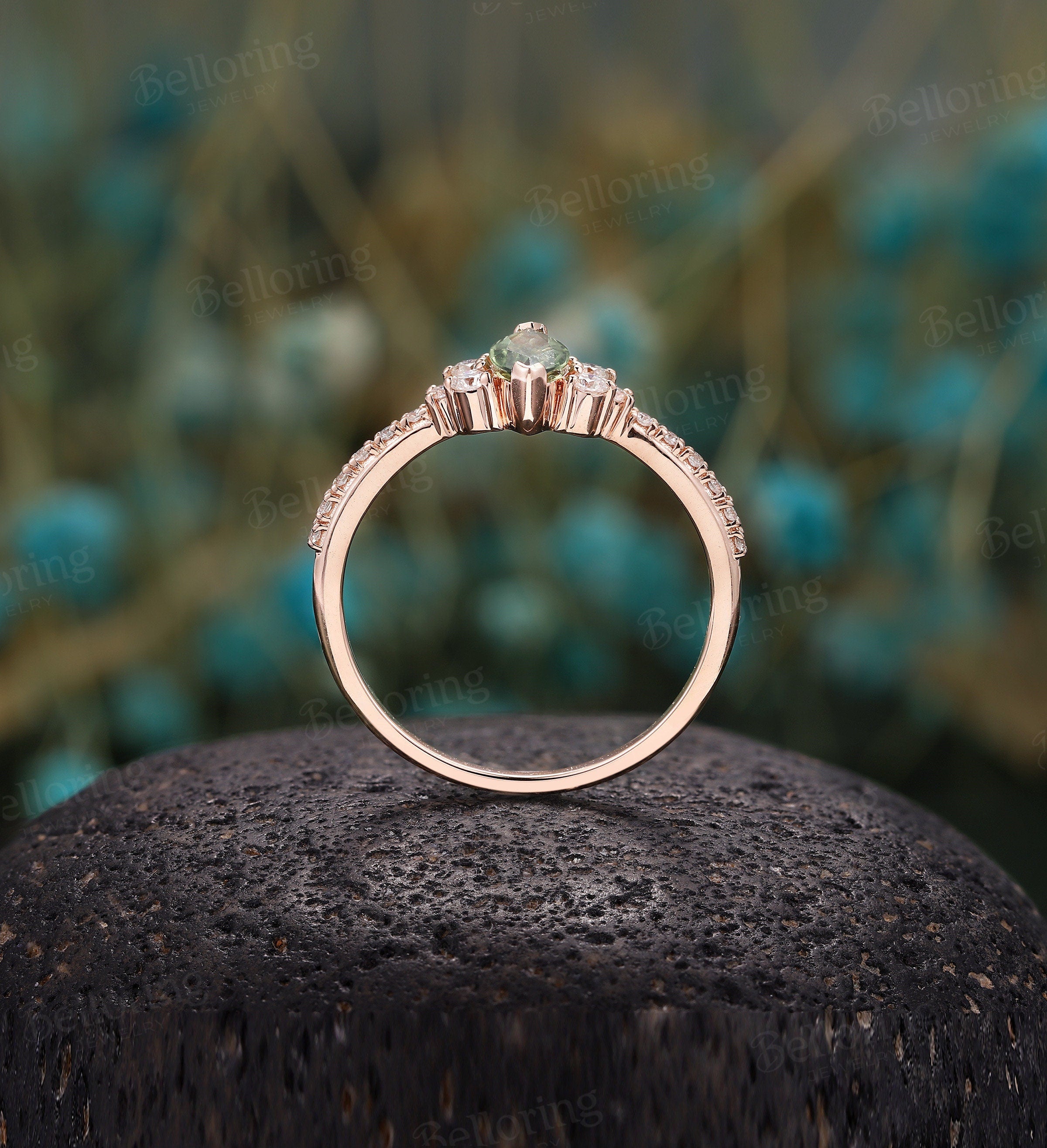 Green sapphire engagement ring vintage Rose gold marquise cut moissanite Half eternity unique Wedding Promise Anniversary wedding ring