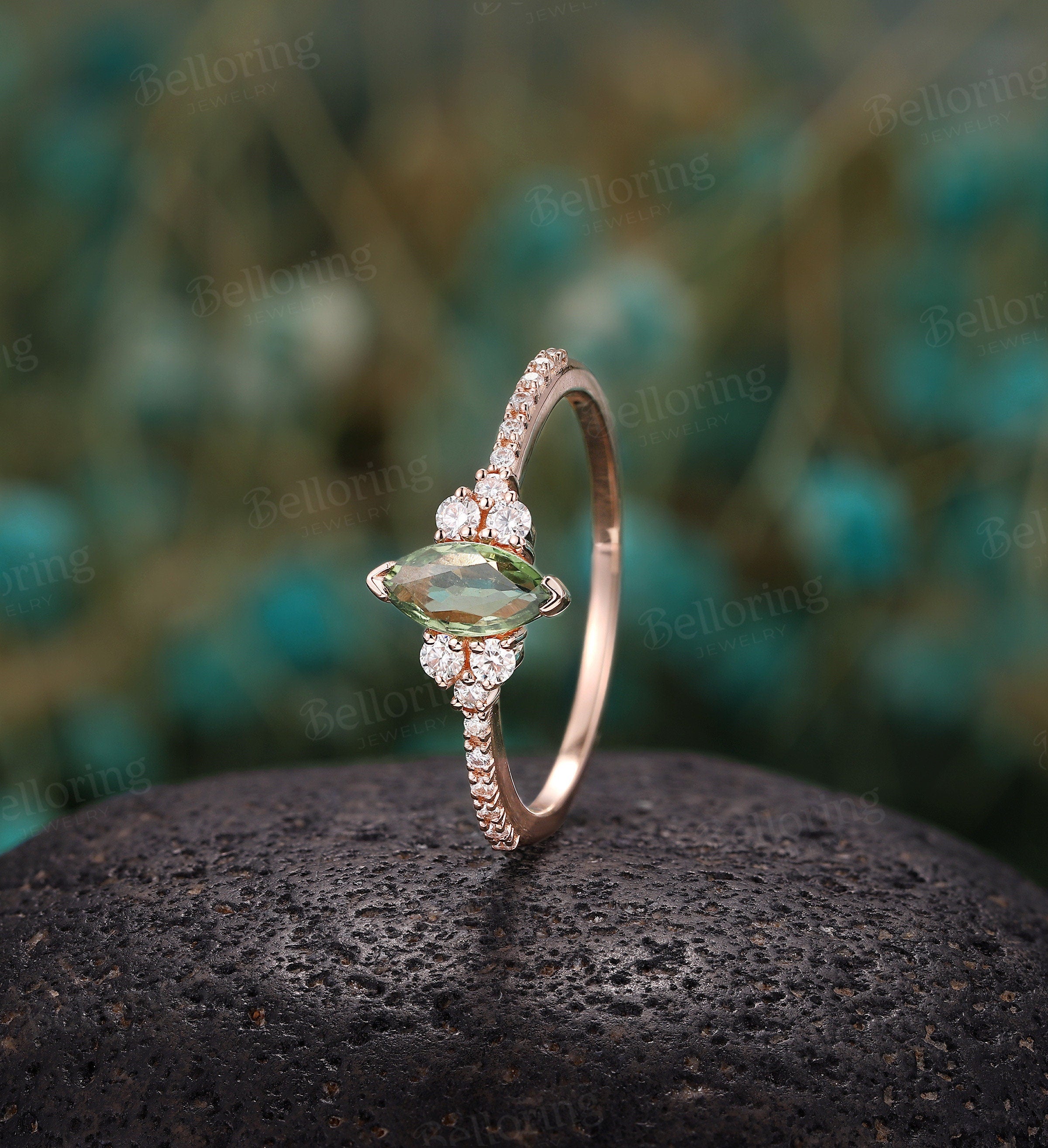 Green sapphire engagement ring vintage Rose gold marquise cut moissanite Half eternity unique Wedding Promise Anniversary wedding ring