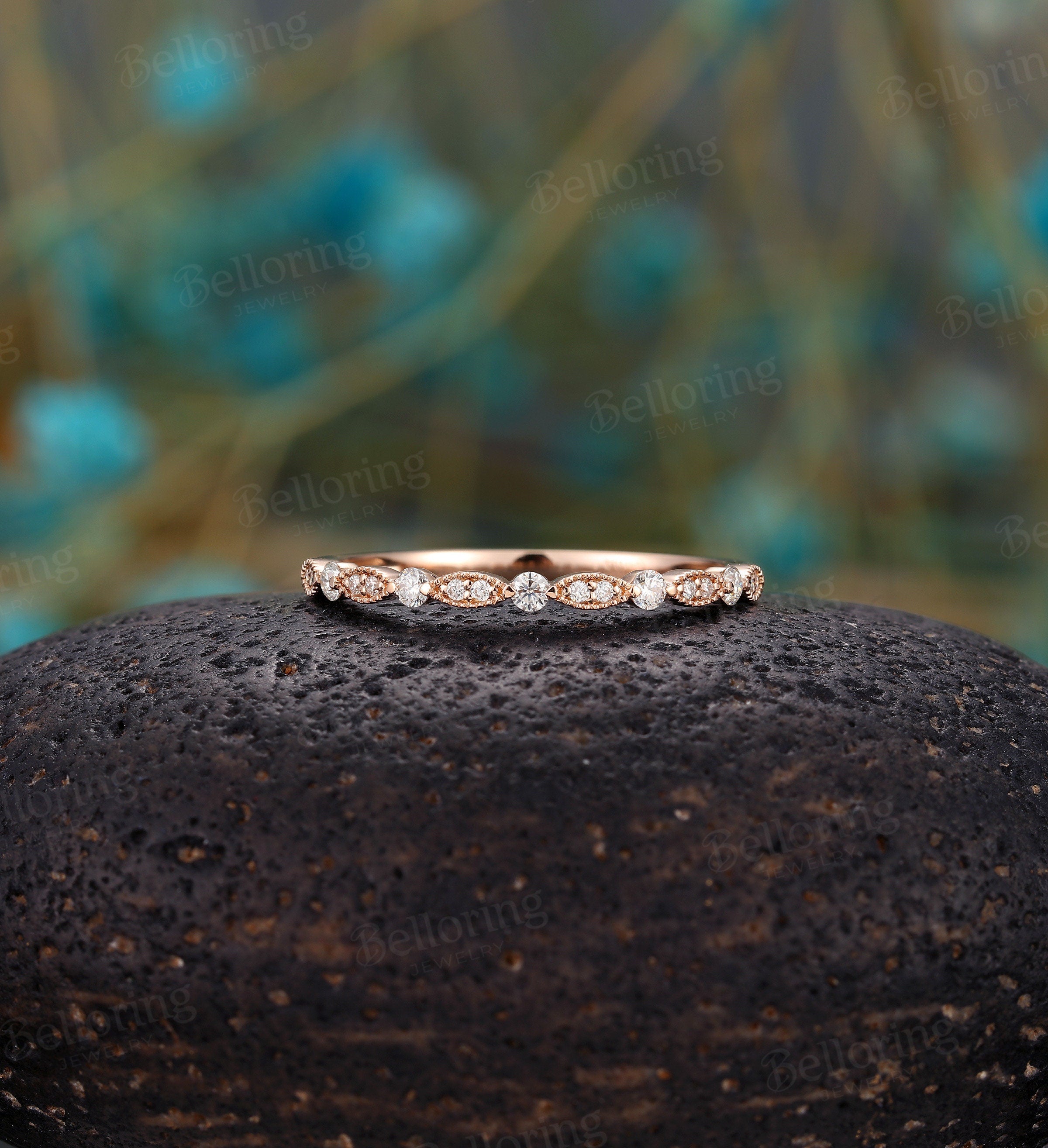 Art deco diamond ring vintage rose gold curved Halo wedding band  Half eternity  antique bridal set Promise Matching band