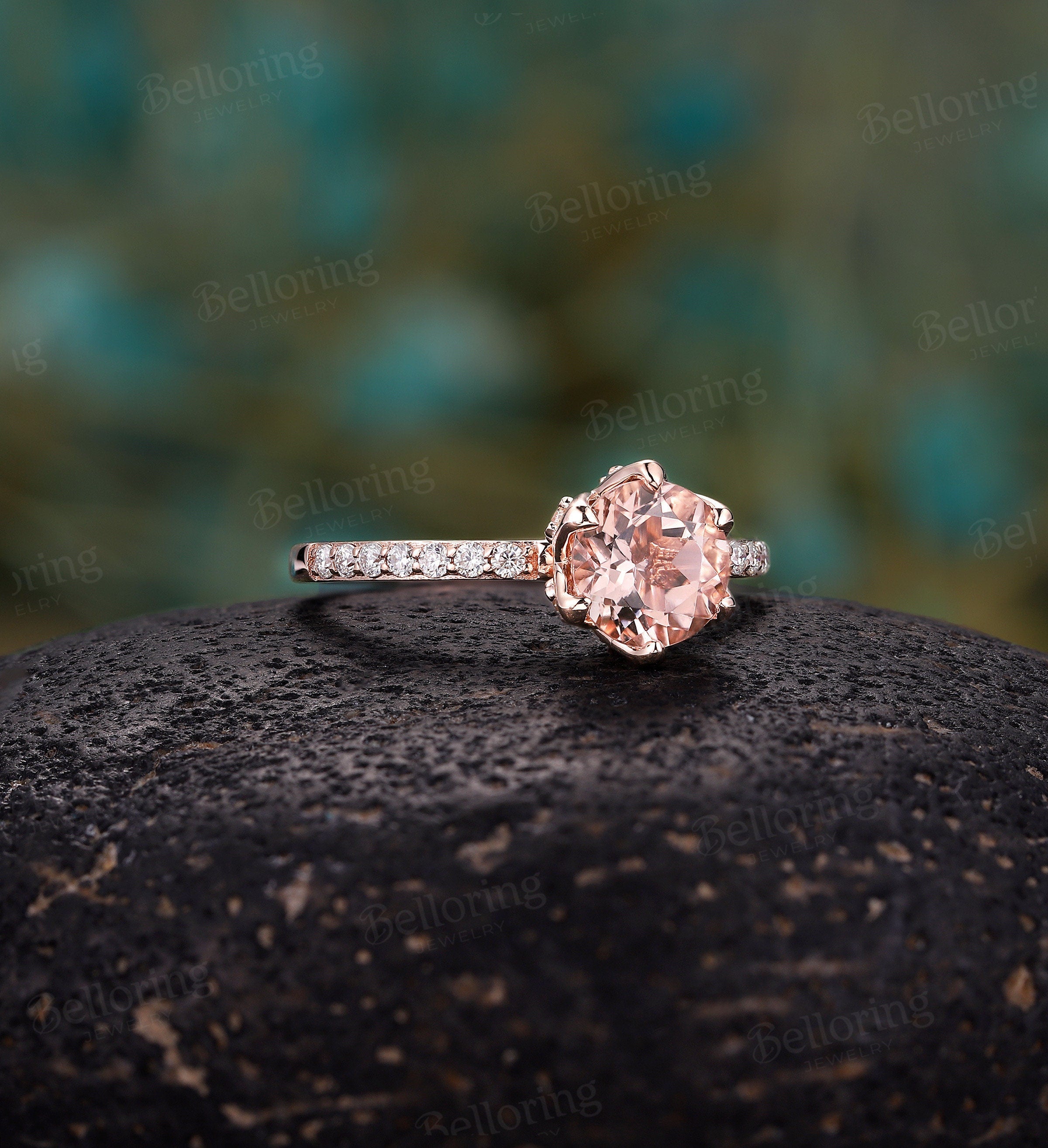 Morganite engagement ring vintage prong set unique rose gold half eternity moissanite art deco Wedding  Jewelry anniversary gift