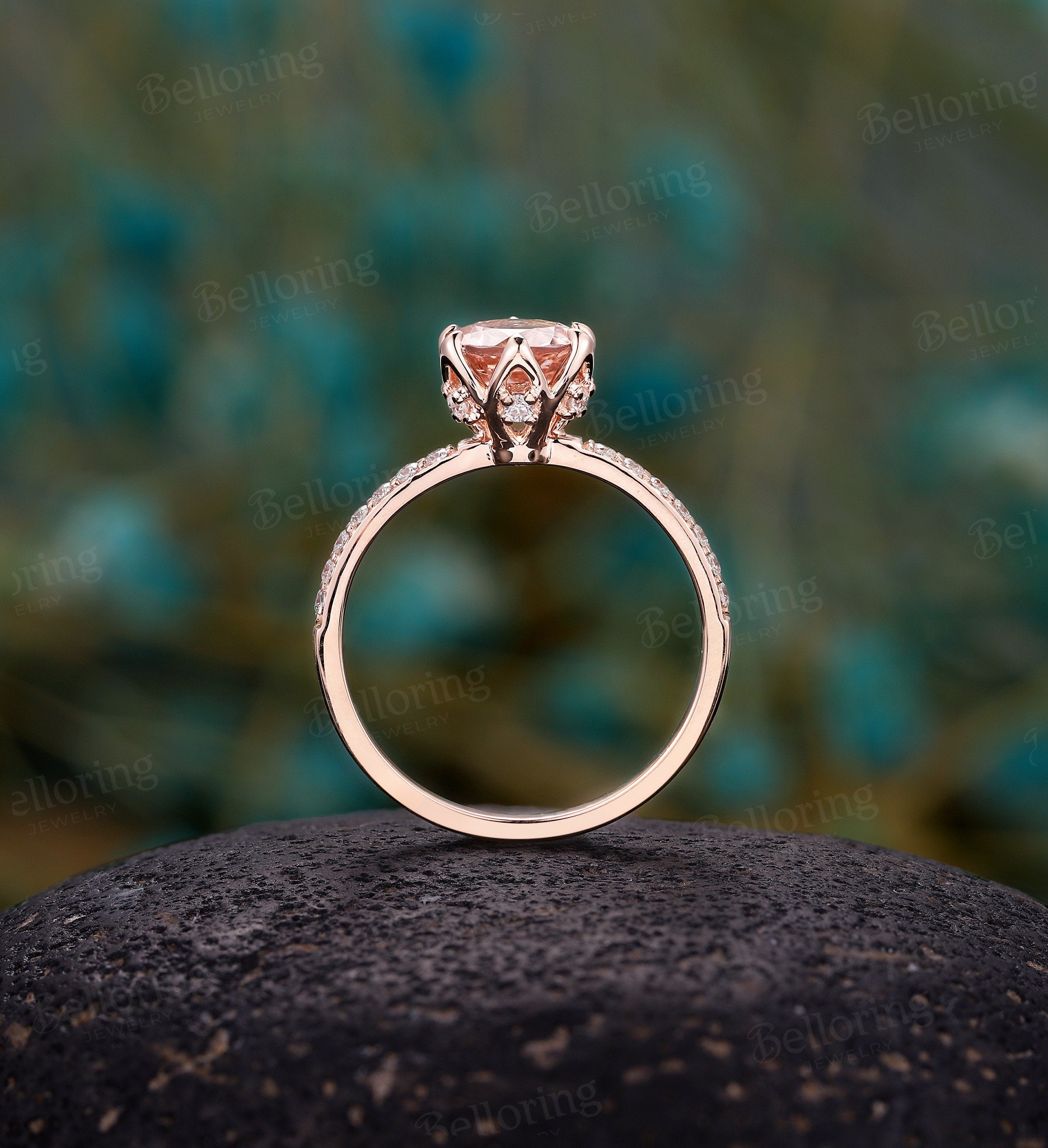 Morganite engagement ring vintage prong set unique rose gold half eternity moissanite art deco Wedding  Jewelry anniversary gift