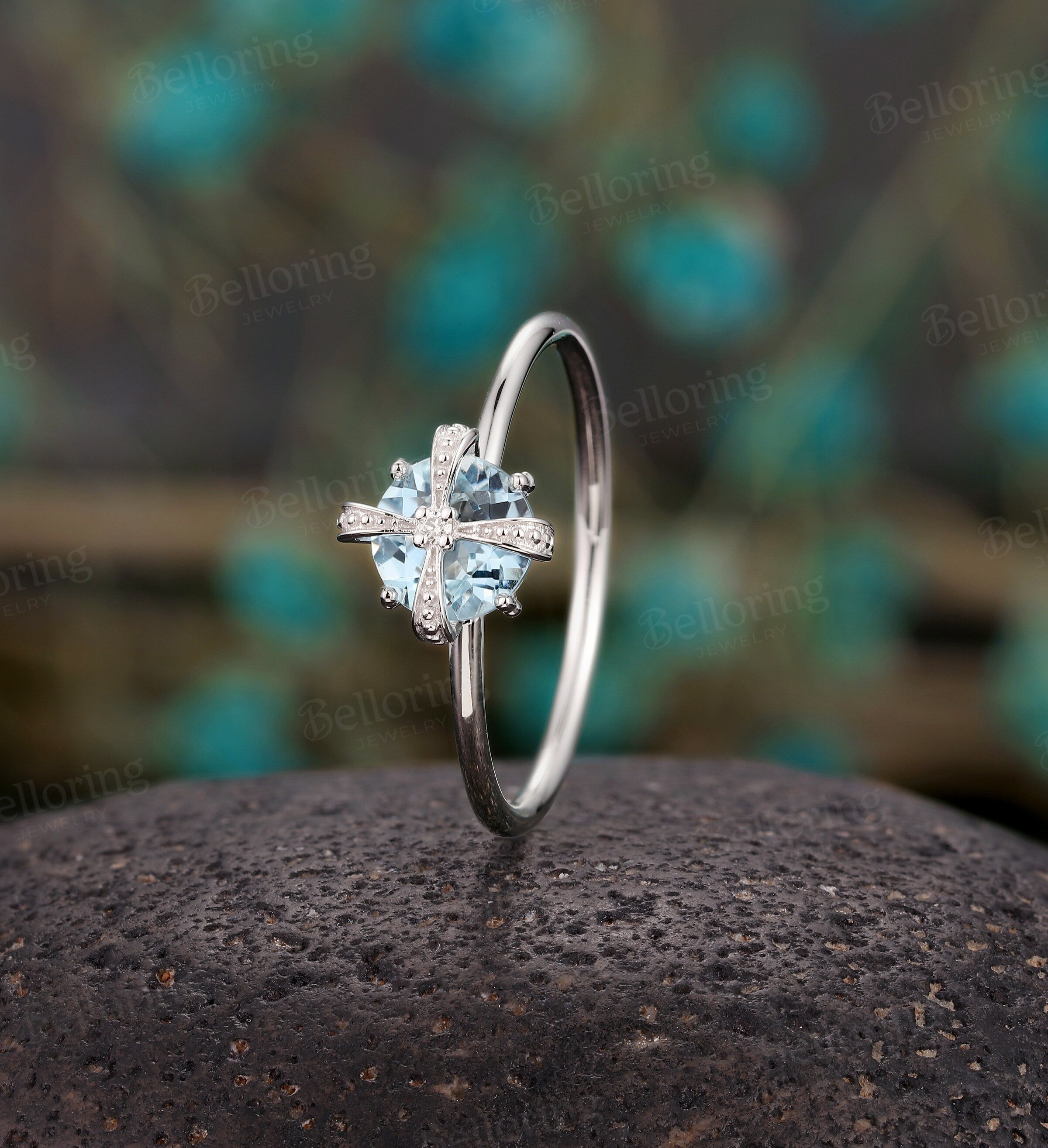 Aquamarine engagement ring white gold round vintage diamond art deco bridal ring alternative antique Promise Anniversary wedding ring