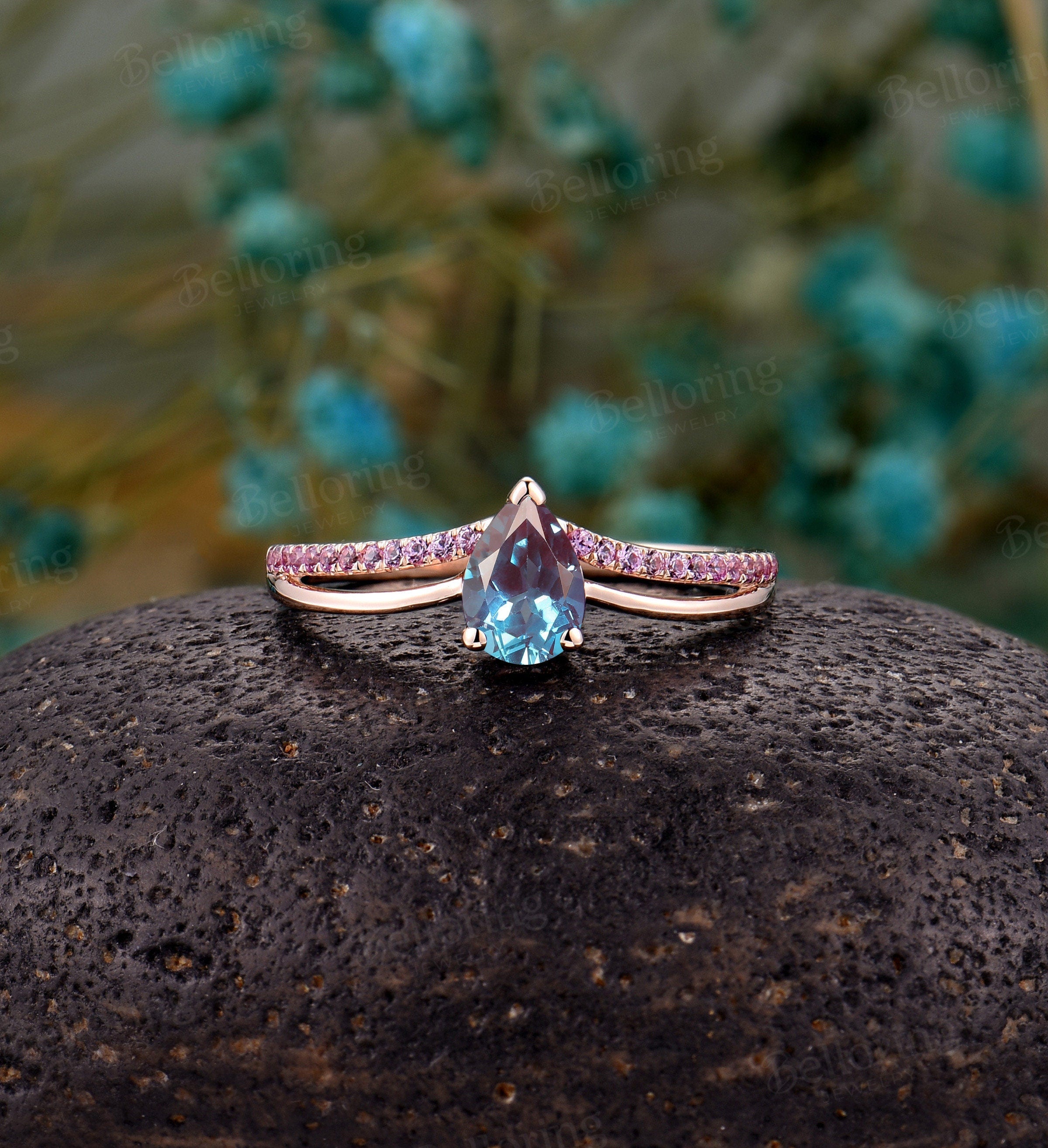 Alexandrite engagement ring pear shaped vintage pink sapphire Wedding ring half eternity antique promise curved band unique stacking rings