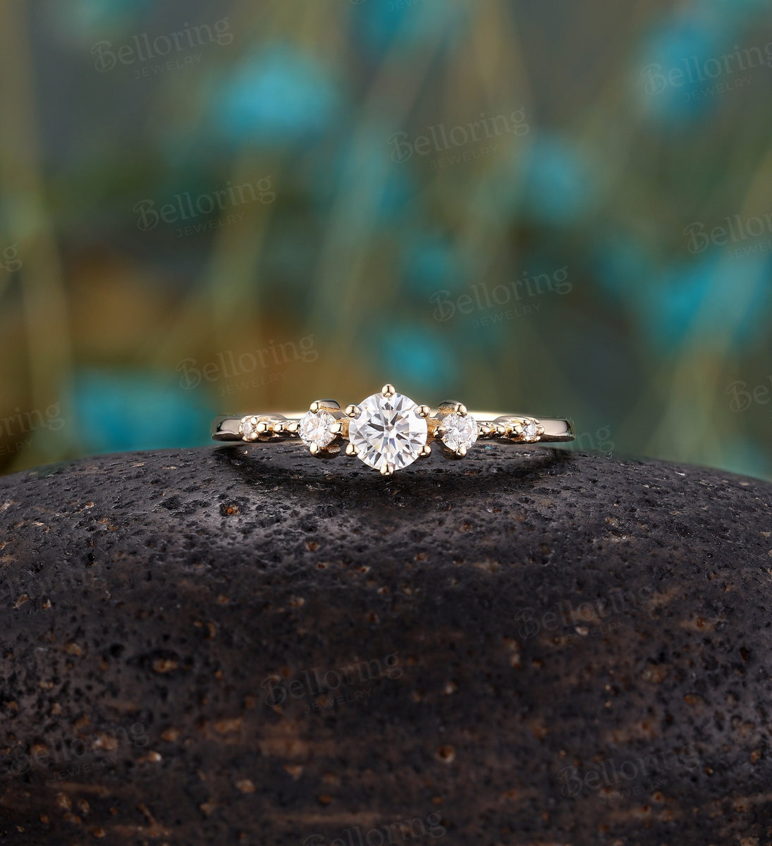 Moissanite engagement ring, dainty vintage 5 stone ring, prong set ant ...