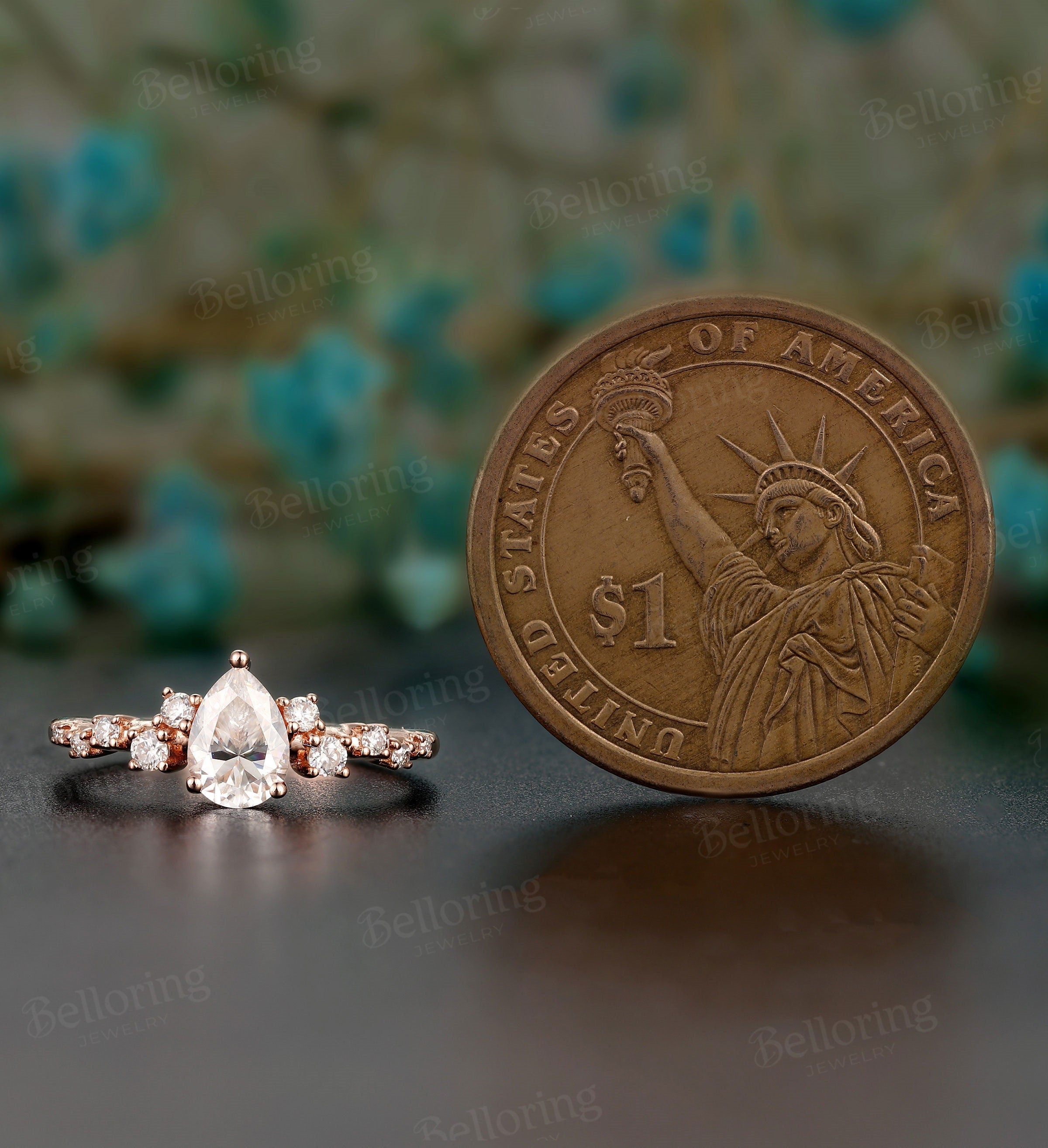 Moissanite engagement ring pear shaped vintage rose gold unique prong set Wedding  antique Jewelry promise Anniversary wedding ring