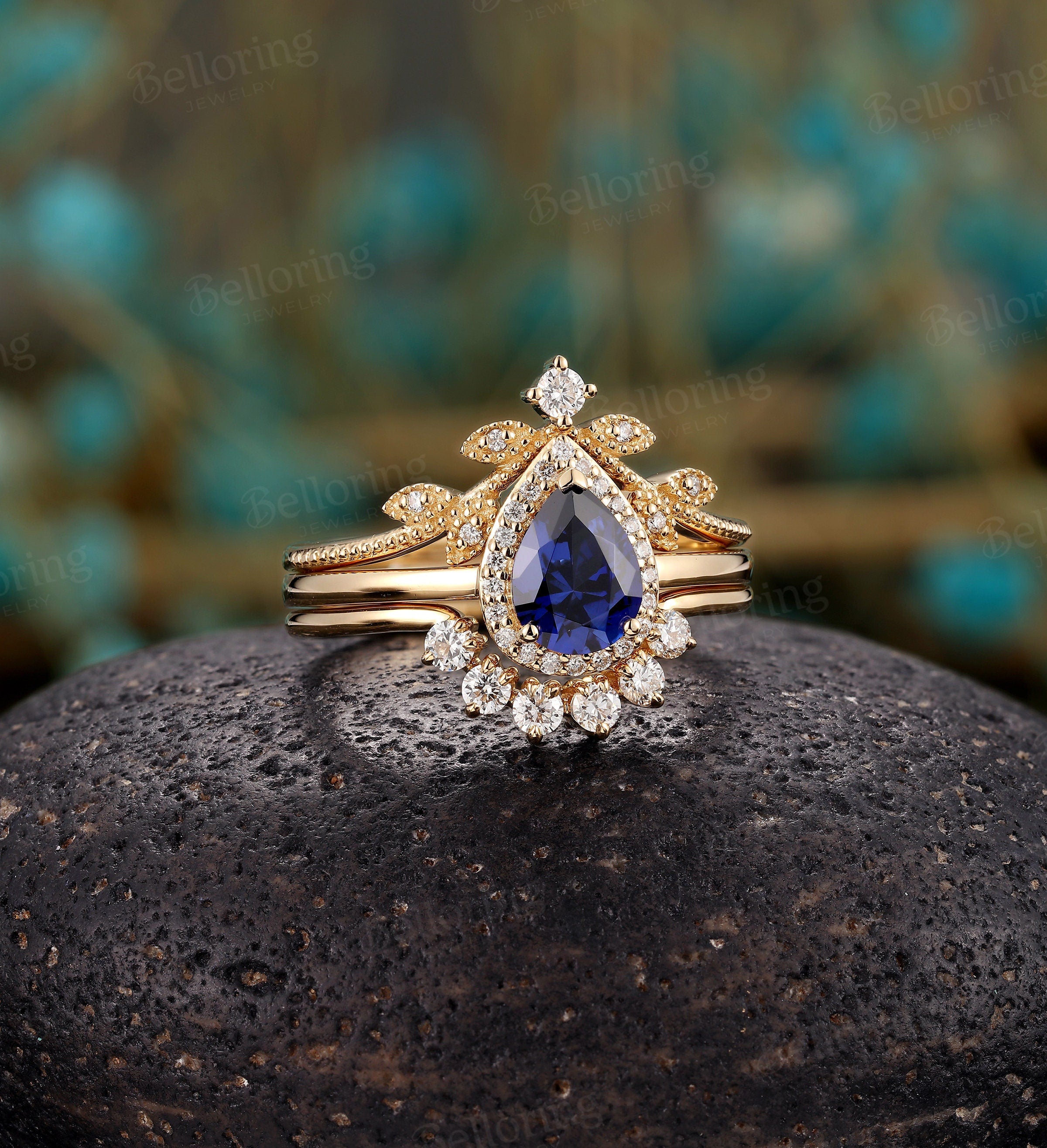 Lab sapphire bridal set engagement ring Art deco Moissanite/Diamond ring Vintage Pear cut rose gold Promise prong set Anniversary ring set