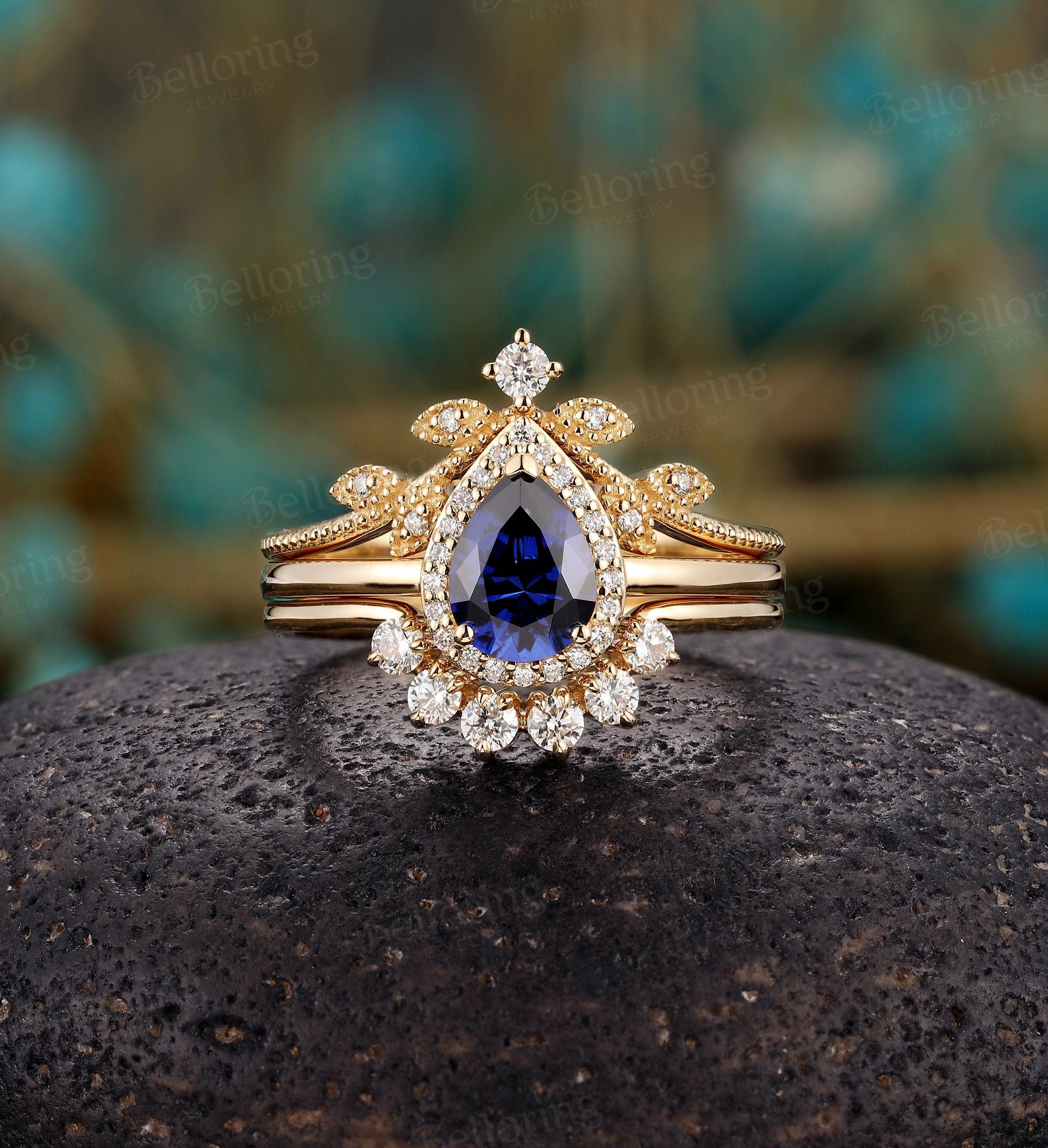 Lab sapphire bridal set engagement ring Art deco Moissanite/Diamond ring Vintage Pear cut rose gold Promise prong set Anniversary ring set