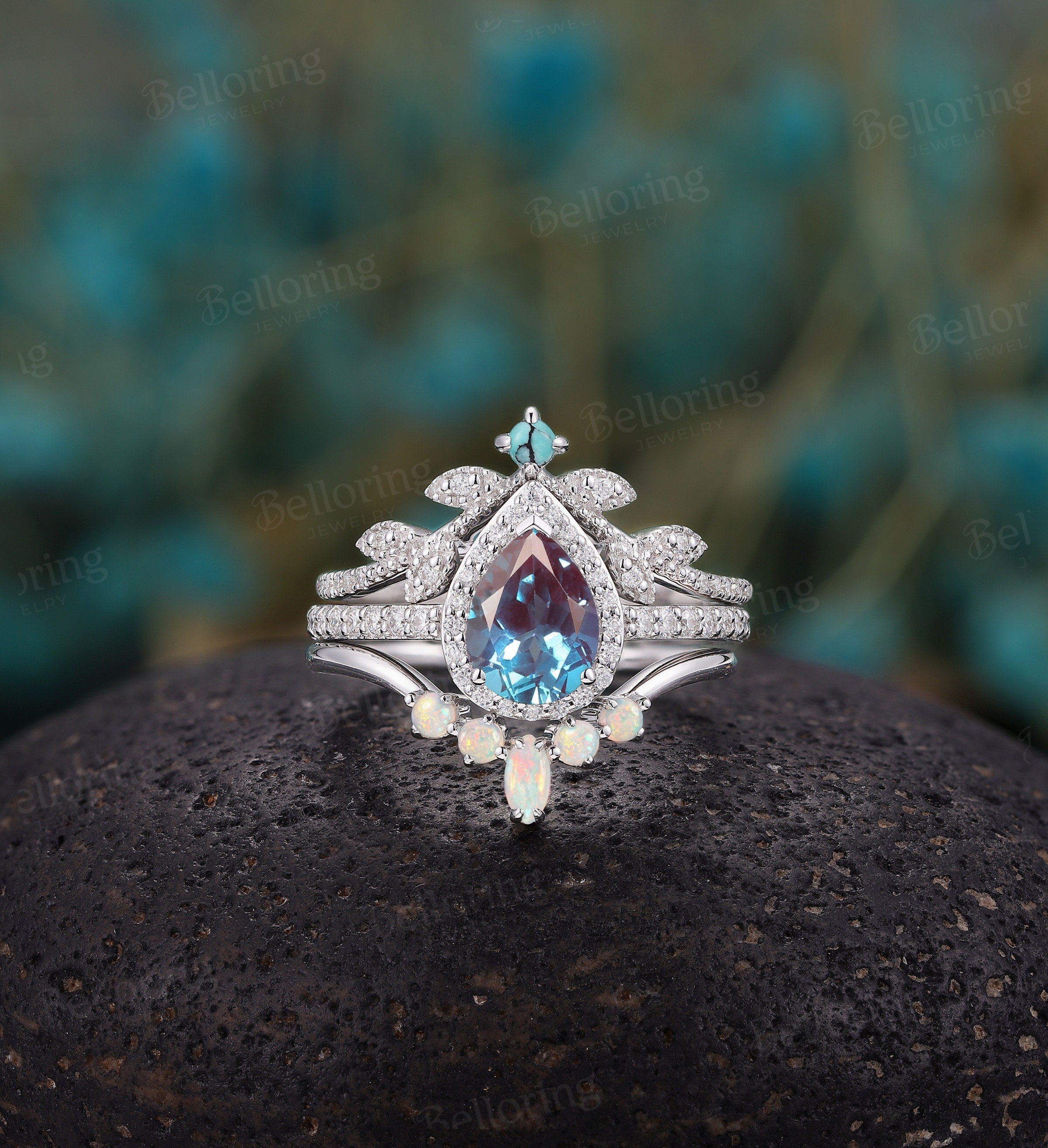 Lab alexandrite bridal set engagement ring Art deco Moissanite/Diamond ring Vintage Pear cut white gold Promise opal band Anniversary ring