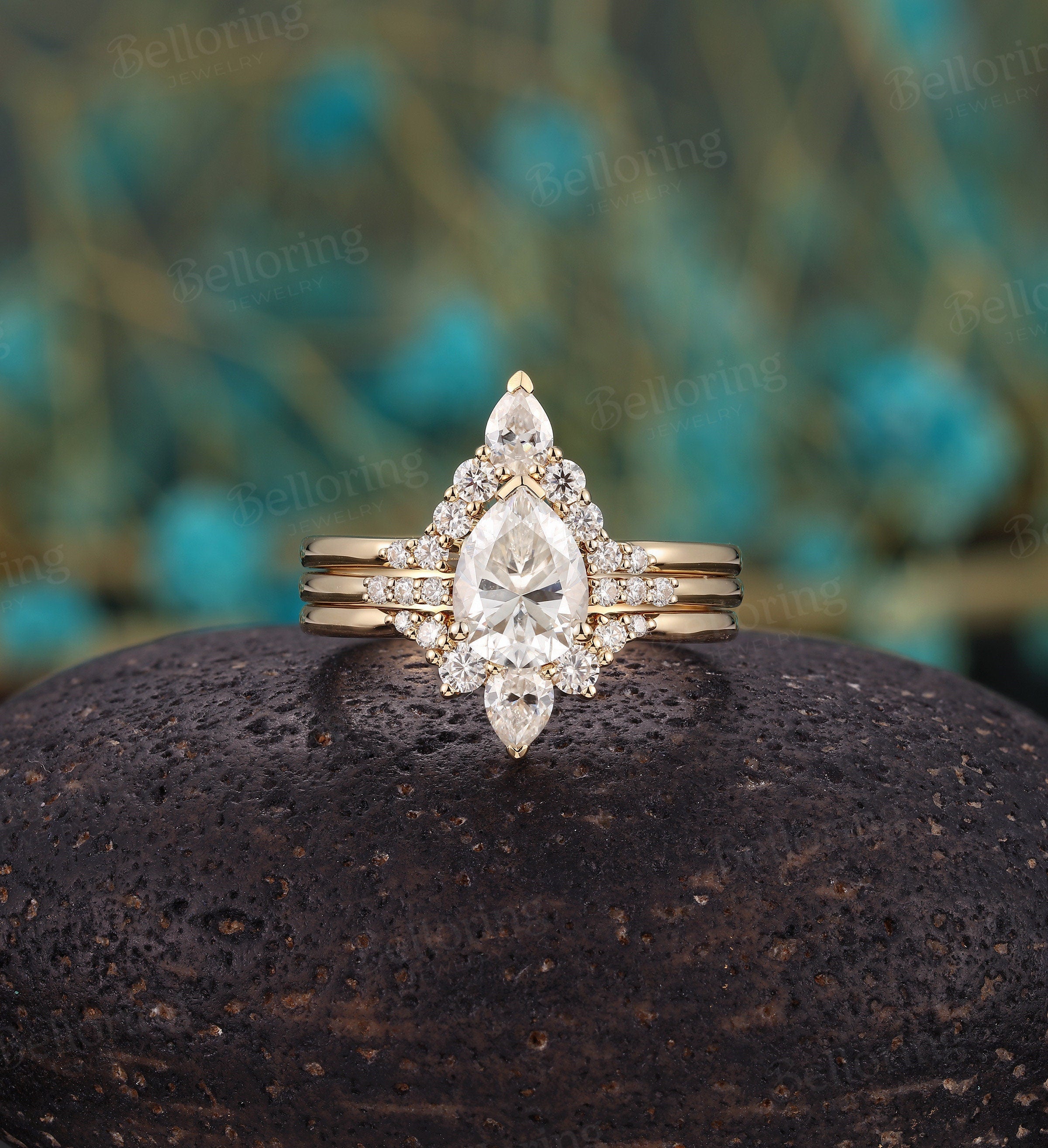 Moissanite engagement ring set yellow gold pear shaped vintage diamond ring curved Wedding band unique promise Anniversary wedding ring set