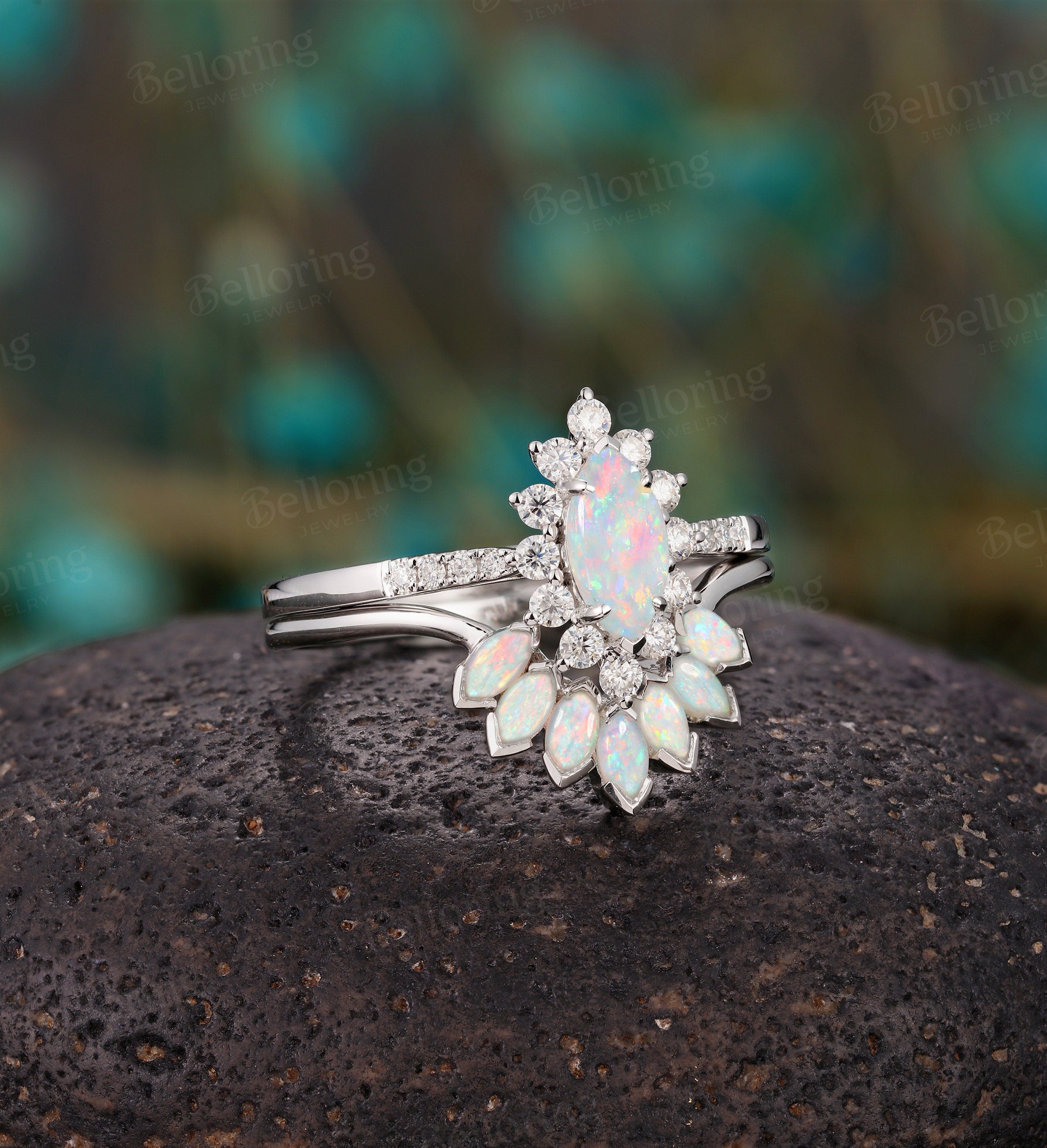 Marquise cut Opal engagement ring set for  Vintage diamond white gold wedding band halo Art deco Jewelry unique solid ring set