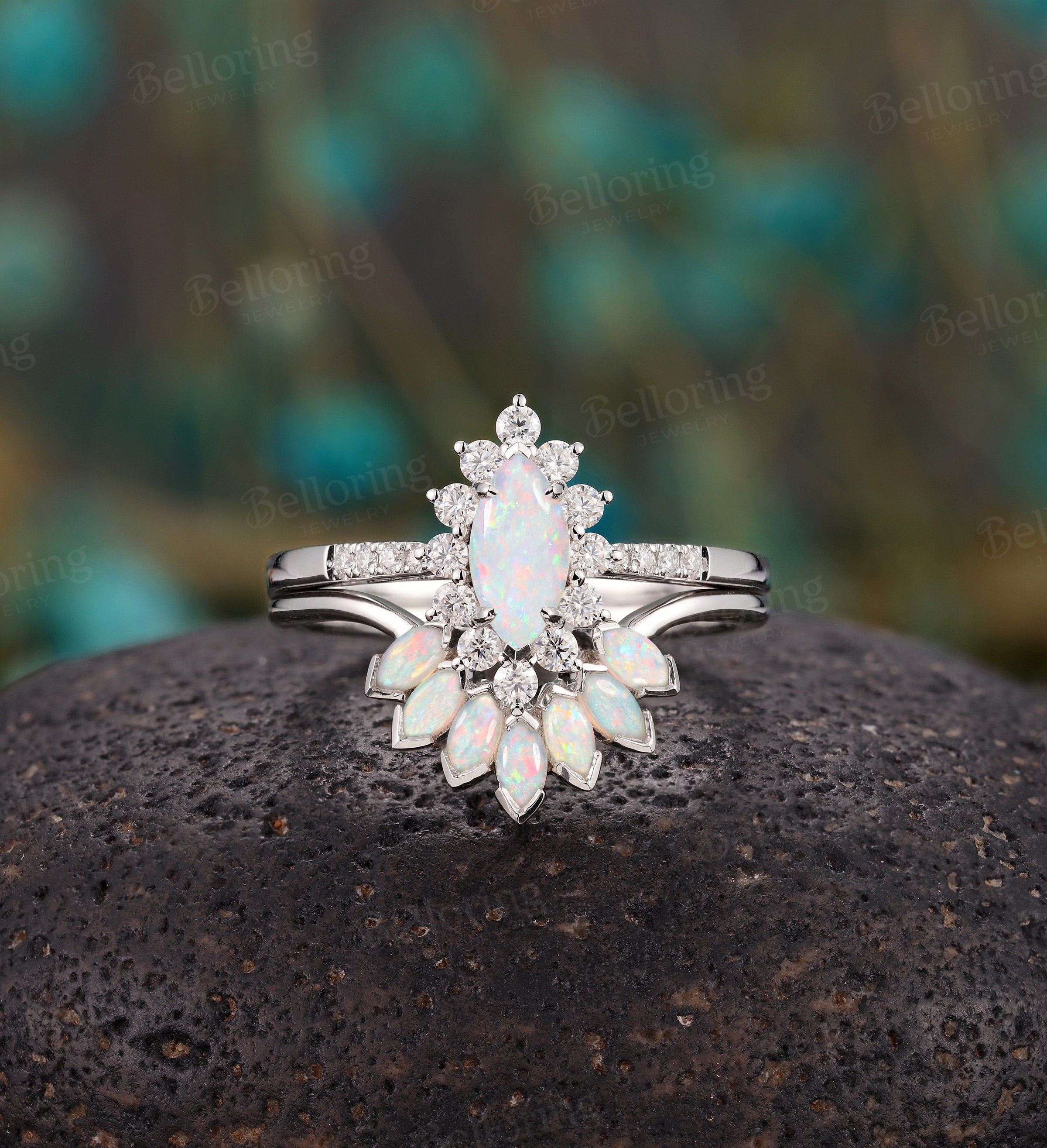 Marquise cut Opal engagement ring set for  Vintage diamond white gold wedding band halo Art deco Jewelry unique solid ring set