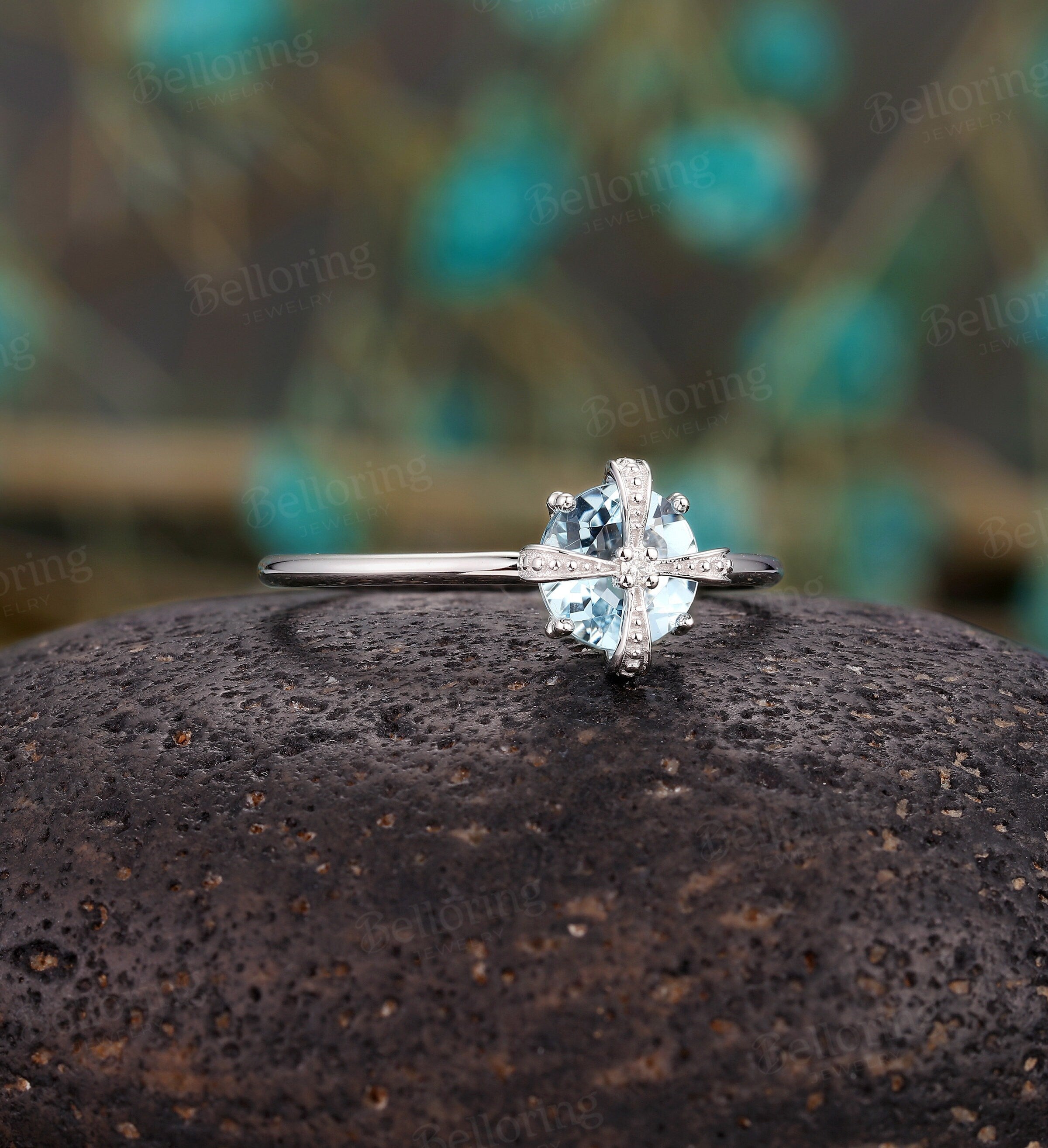 Aquamarine engagement ring white gold round vintage diamond art deco bridal ring alternative antique Promise Anniversary wedding ring