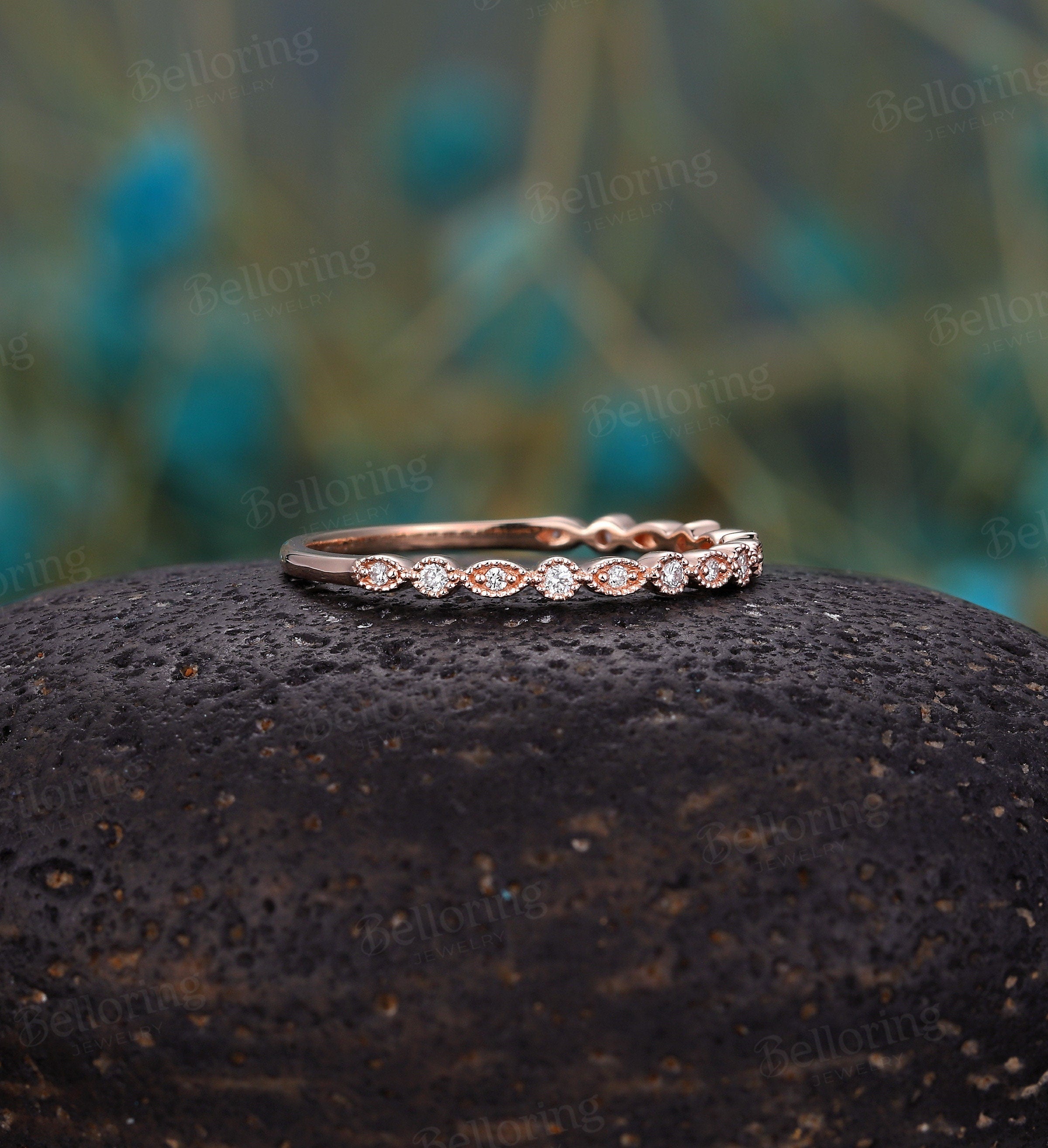 Art deco diamond ring vintage rose gold curved Halo wedding band  Half eternity  antique bridal set Promise Matching band