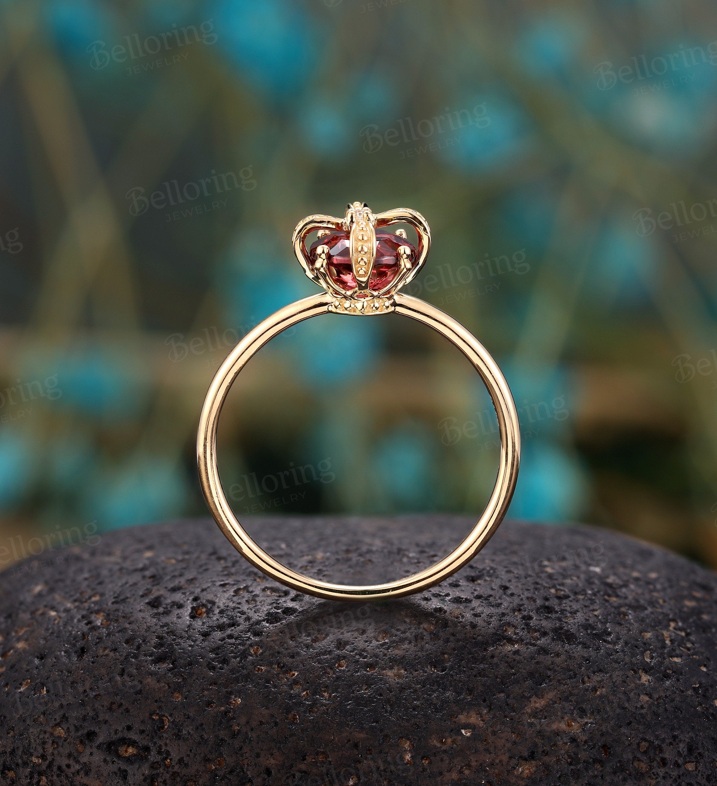 Garnet engagement ring, rose gold round vintage diamond art deco bridal ring, alternative antique Promise Anniversary wedding ring