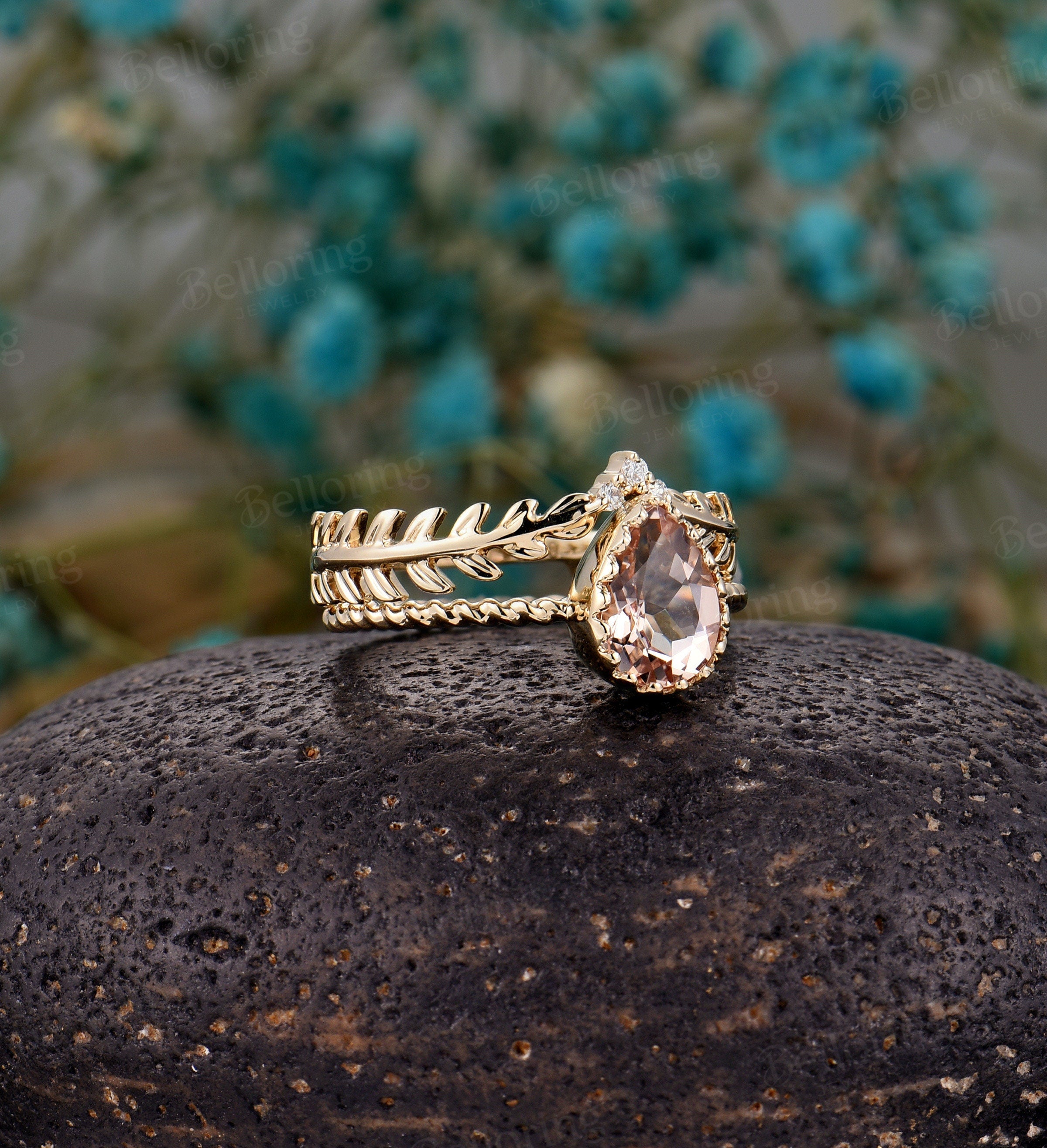 Morganite engagement ring set, yellow gold vintage pear shaped unique diamond Wedding Ring set,  art deco Anniversary wedding ring set