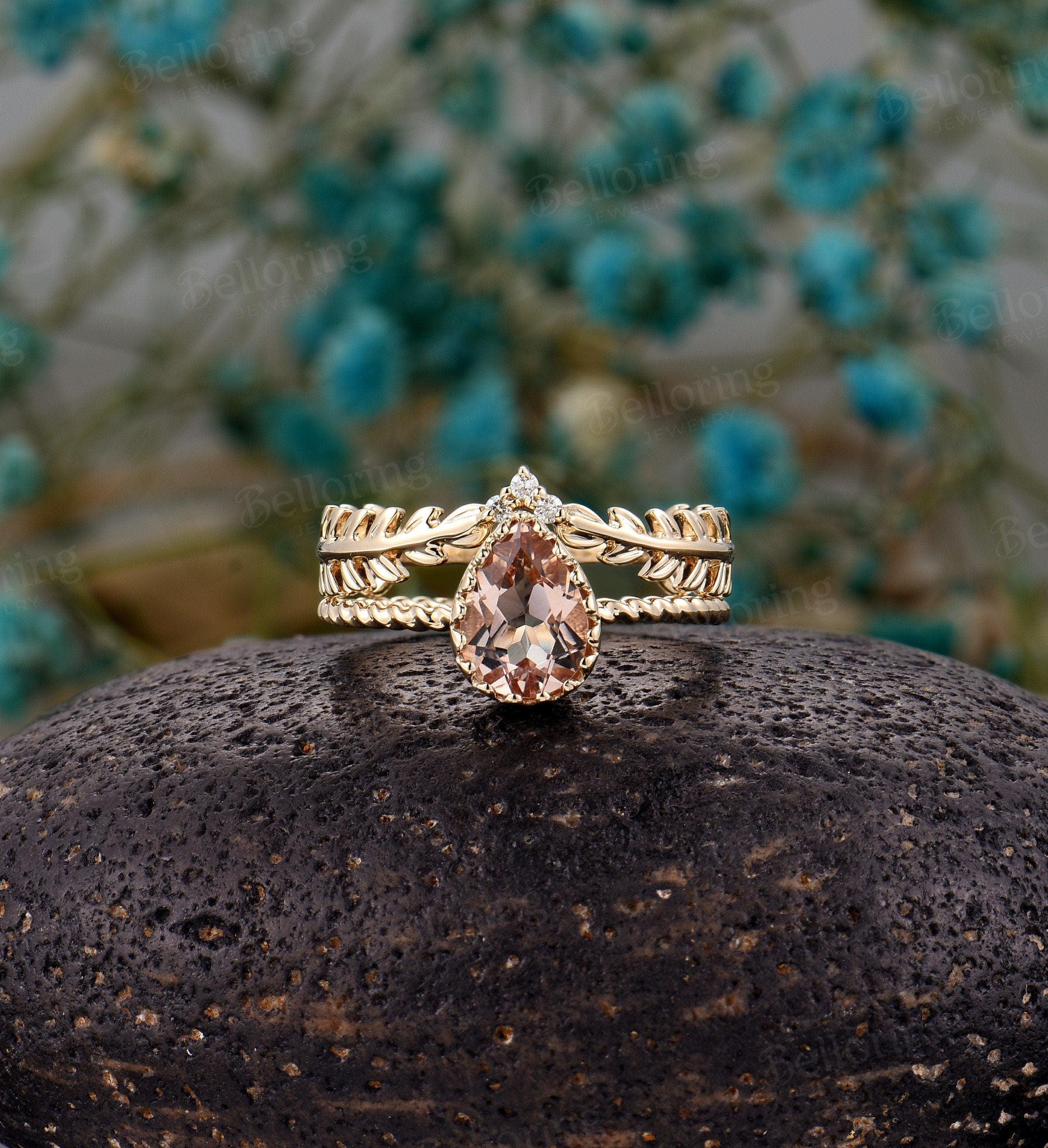 Morganite engagement ring set, yellow gold vintage pear shaped unique diamond Wedding Ring set,  art deco Anniversary wedding ring set