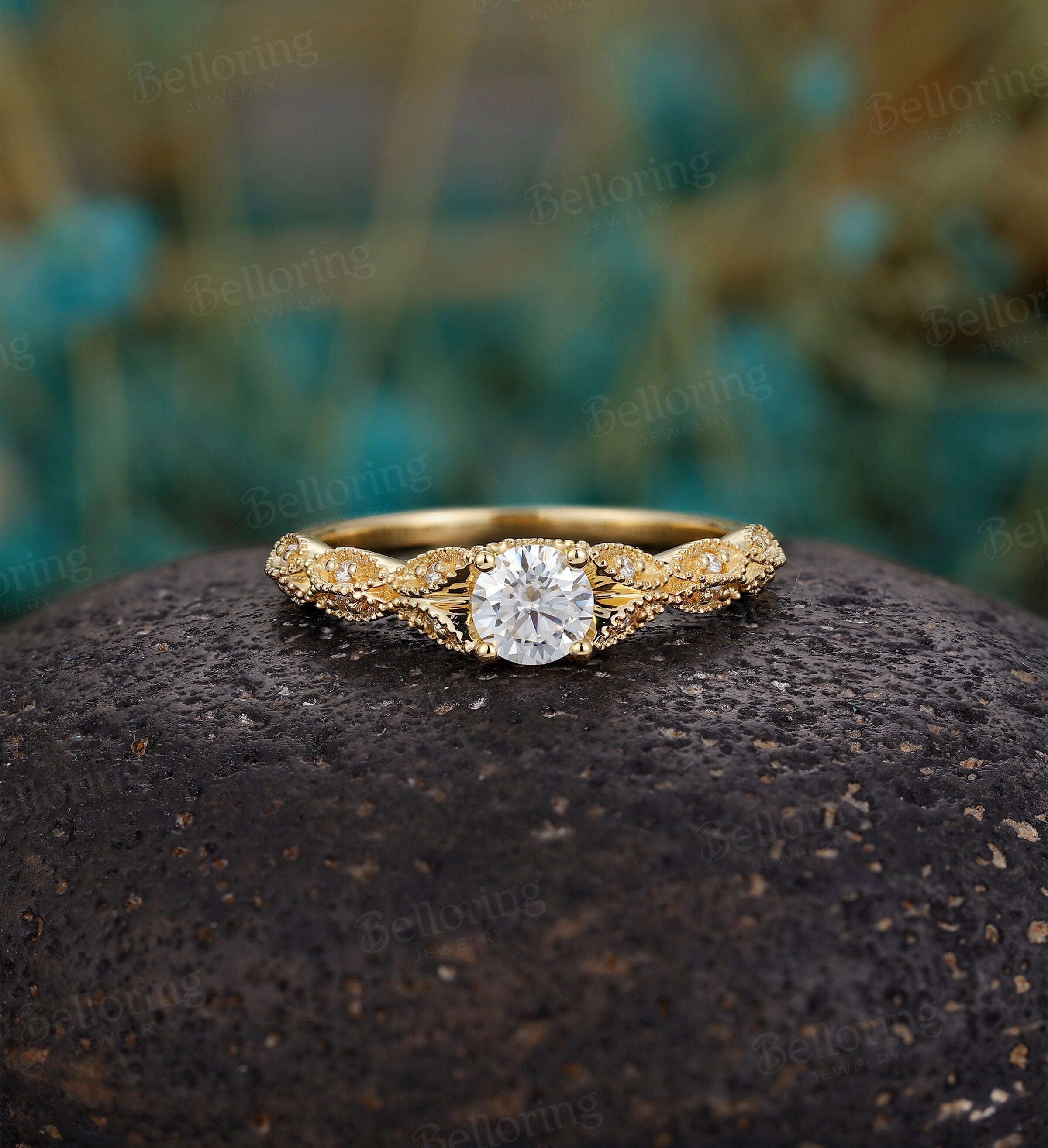 Moissanite engagement ring Vintage  Milgrain rose gold round cut diamond Art deco Unique wedding Jewelry promise Anniversary gift