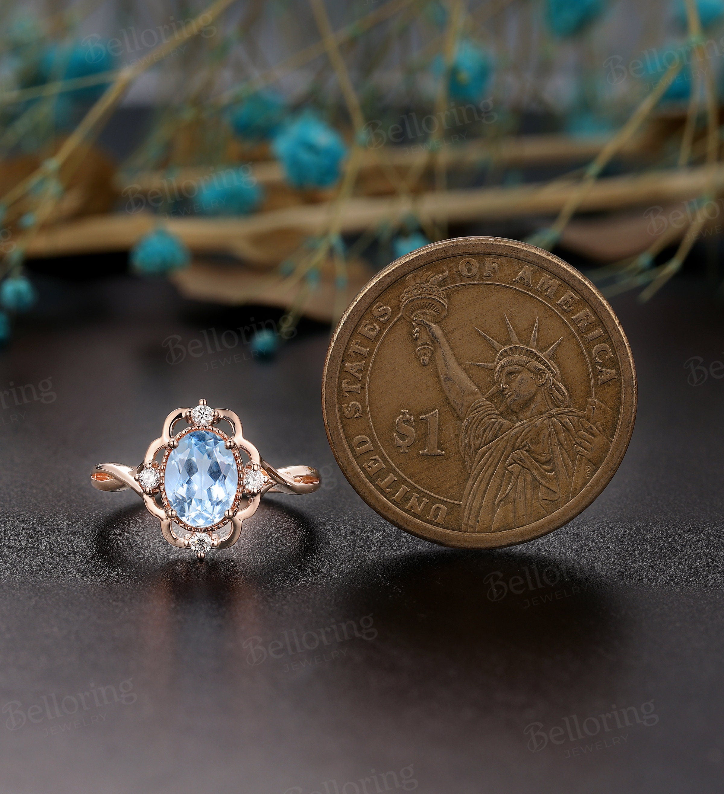 Aquamarine engagement ring vintage Rose gold  oval cut Antique Delicate diamond Half eternity Wedding  Promise Anniversary wedding ring