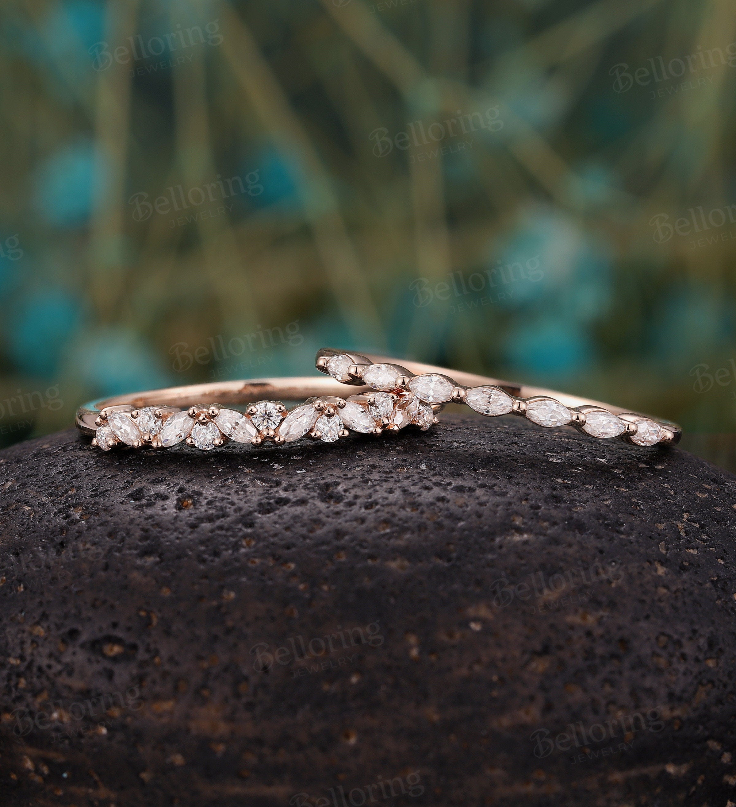 Marquise cut Moissanite wedding band set vintage rose gold  dainty  antique unique bridal set Promise Matching band wedding ring