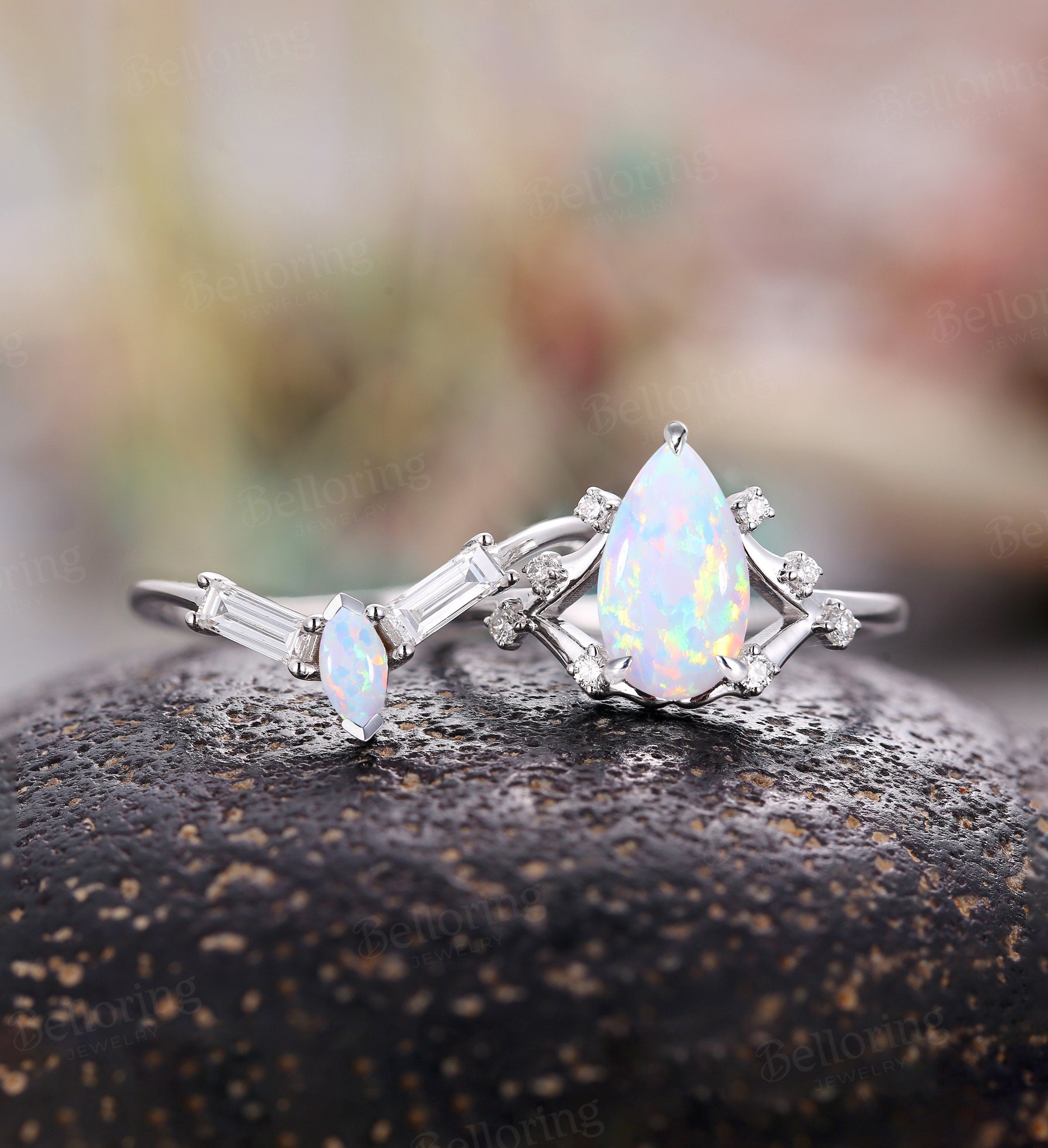 Lab created Opal pear shaped engagement ring set for , Marquise cut opal wedding band,baguette diamond unique wedding set promise ring