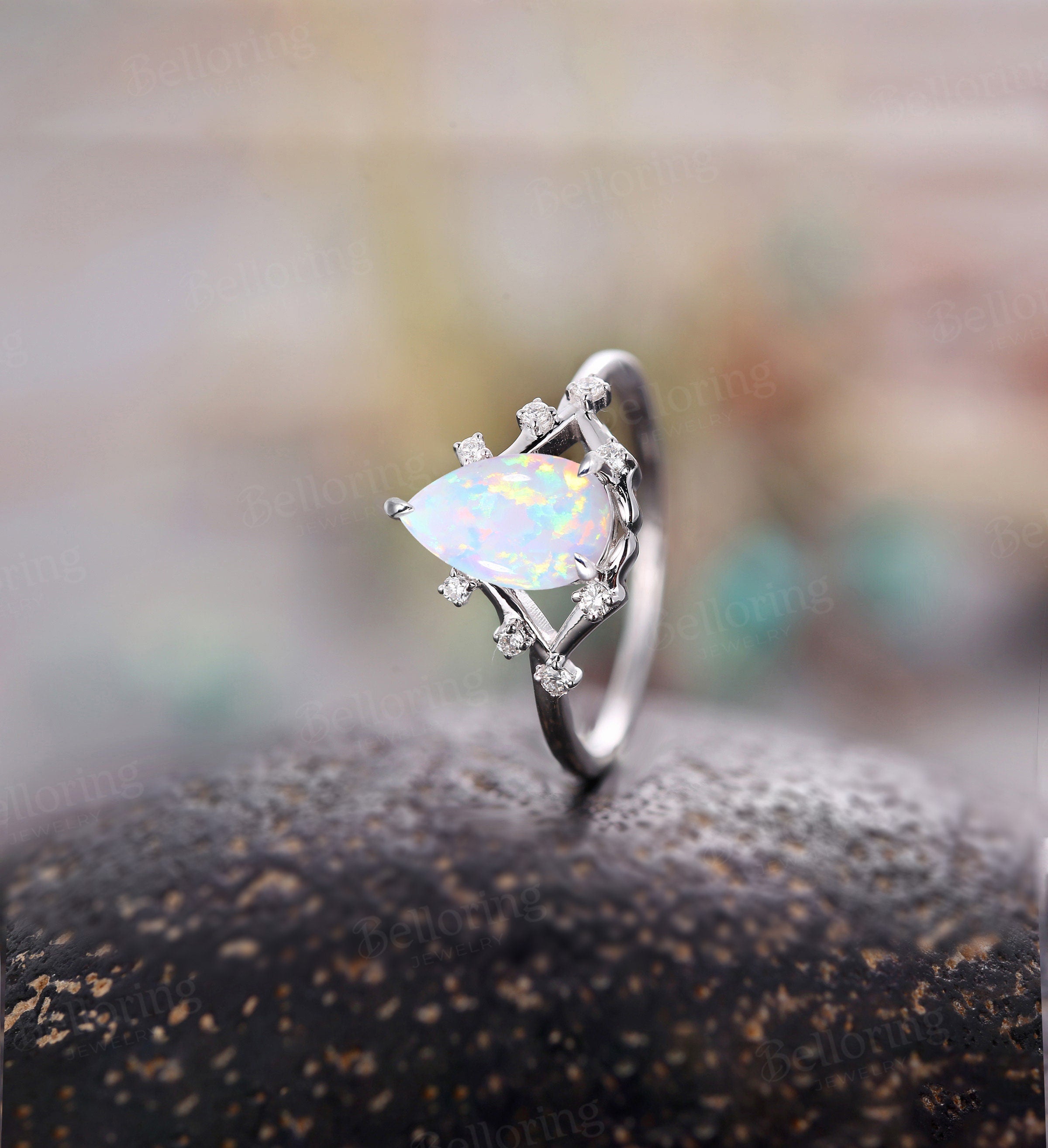 Lab created Opal pear shaped engagement ring for  white gold ring vintage rings alternative rings promise ring art deco unique rings