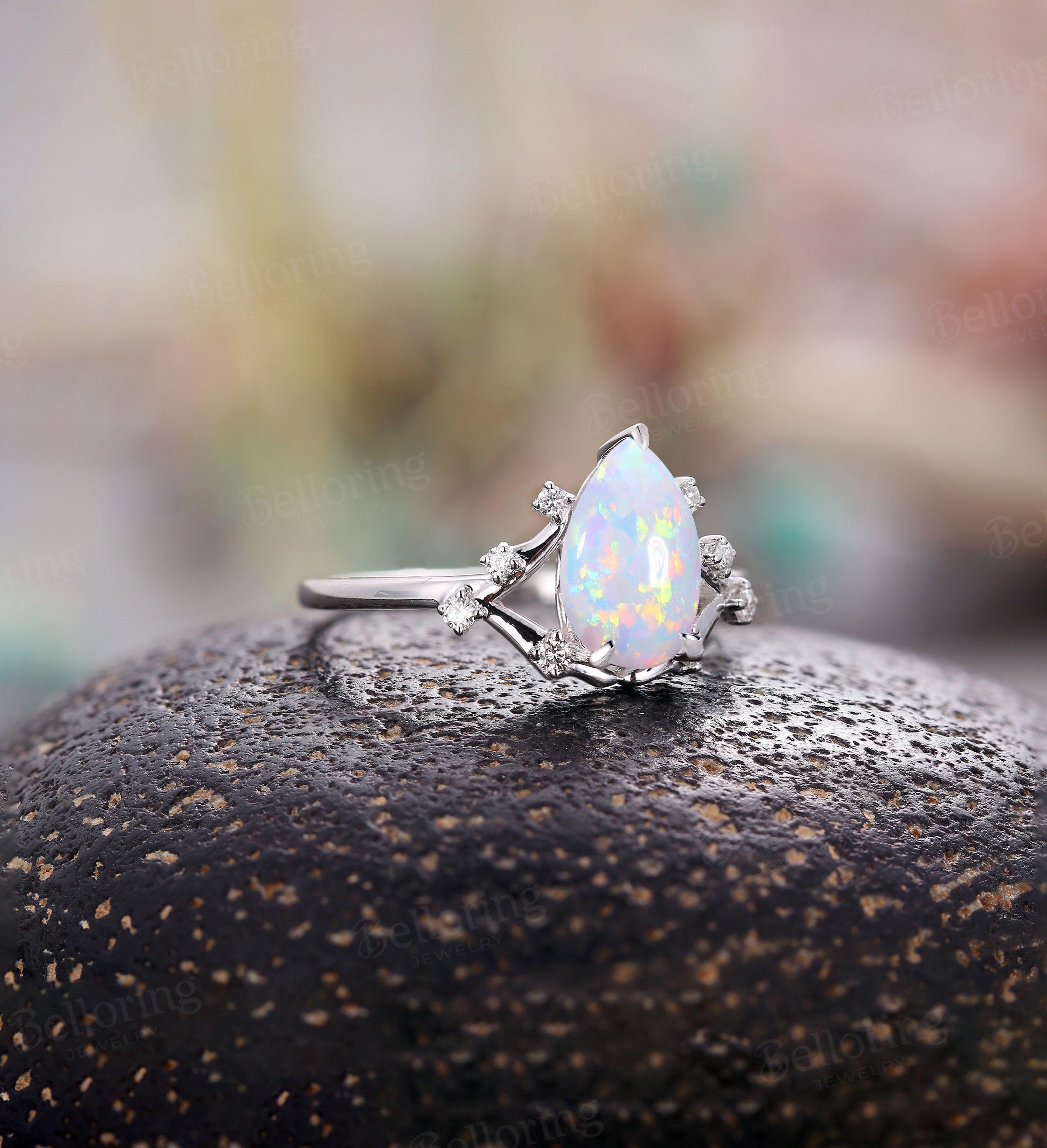 Lab created Opal pear shaped engagement ring for  white gold ring vintage rings alternative rings promise ring art deco unique rings