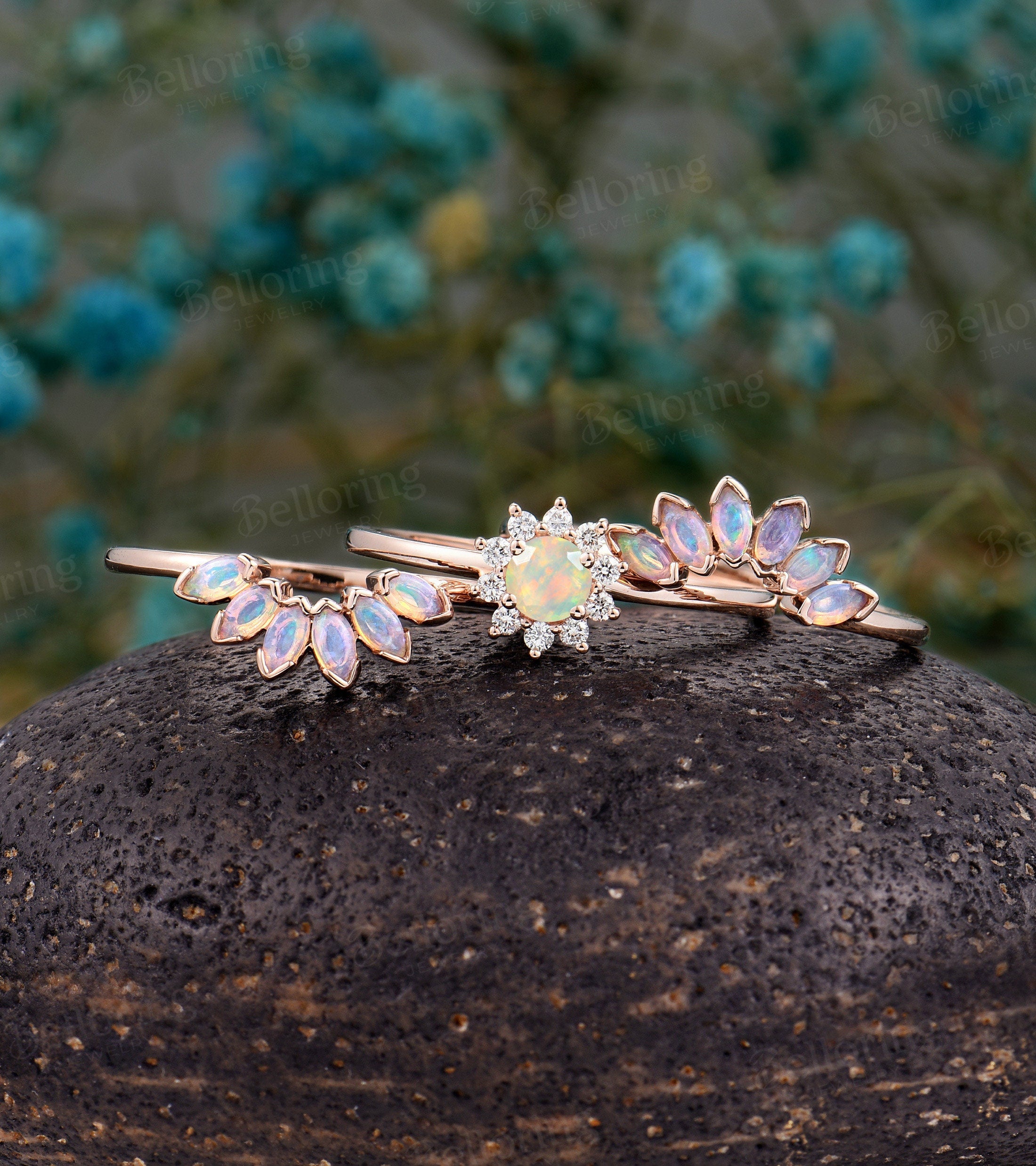 Faceted Opal engagement ring ,Marquise cut opal wedding band, Vintage rose gold wedding ring, Art deco flower ring set diamond bridal ring