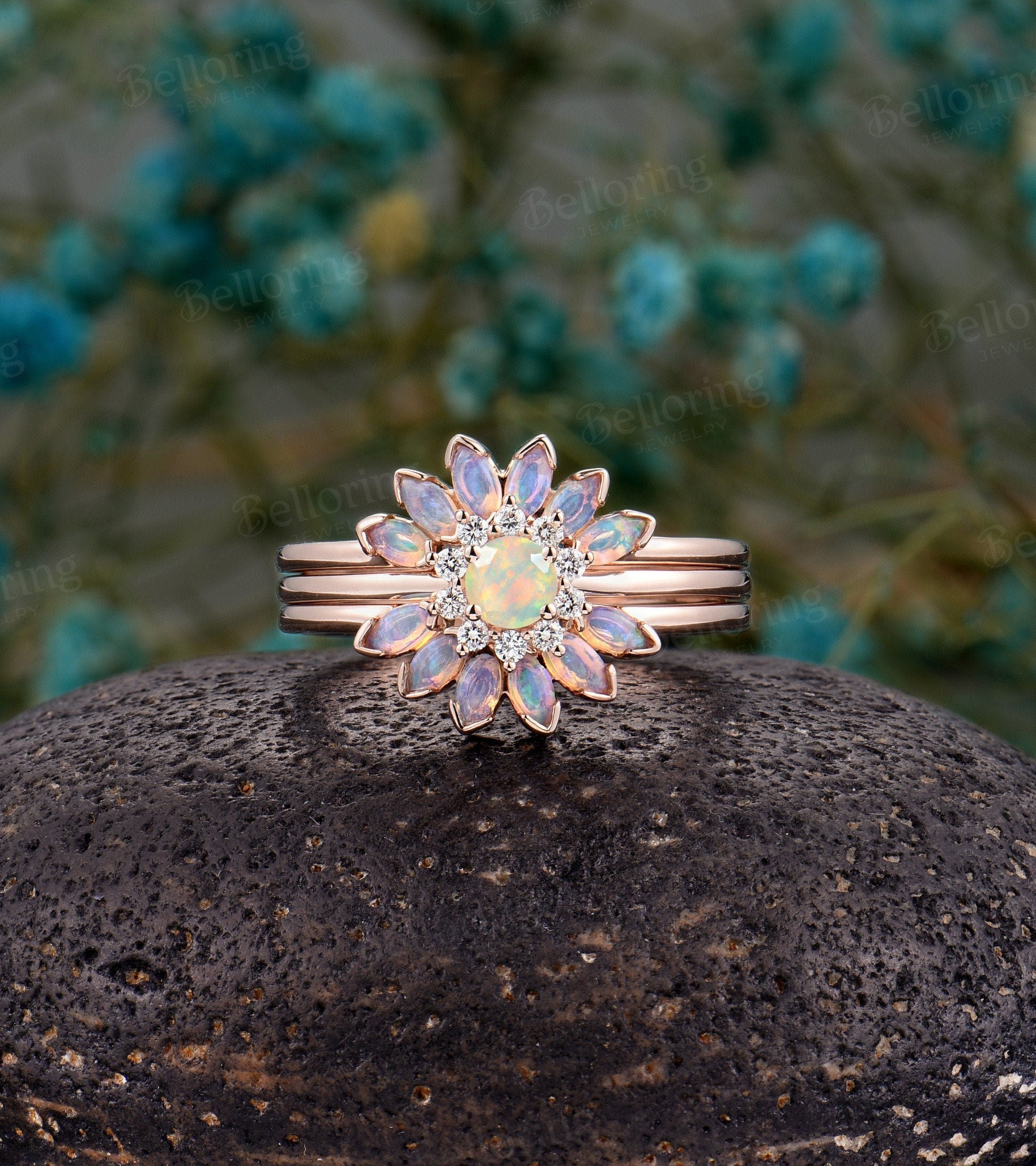 Faceted Opal engagement ring ,Marquise cut opal wedding band, Vintage rose gold wedding ring, Art deco flower ring set diamond bridal ring