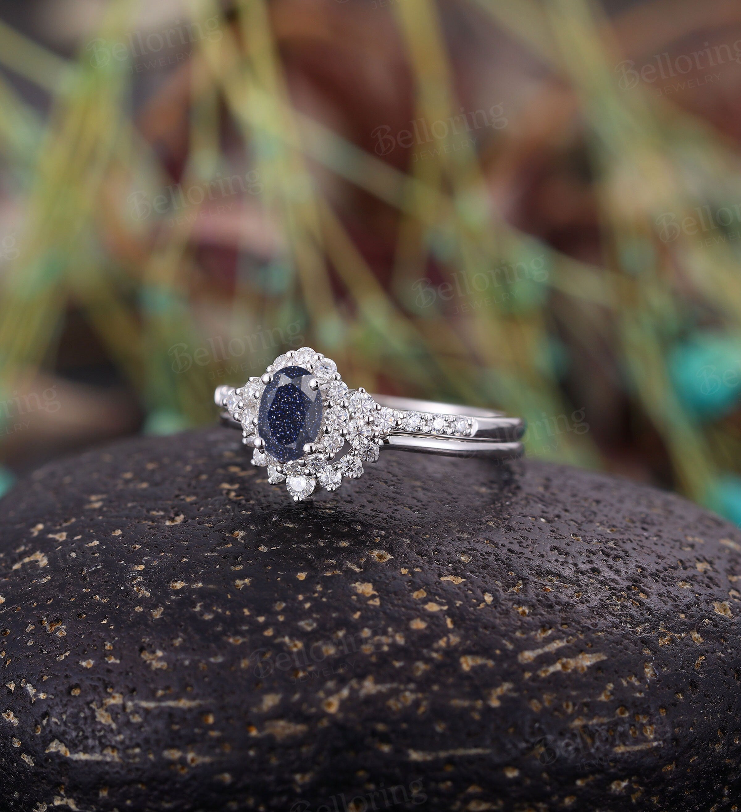 Blue Sandstone engagement ring set,Vintage oval shaped halo diamond ring, Art deco white gold Unique bridal promise Anniversary wedding ring