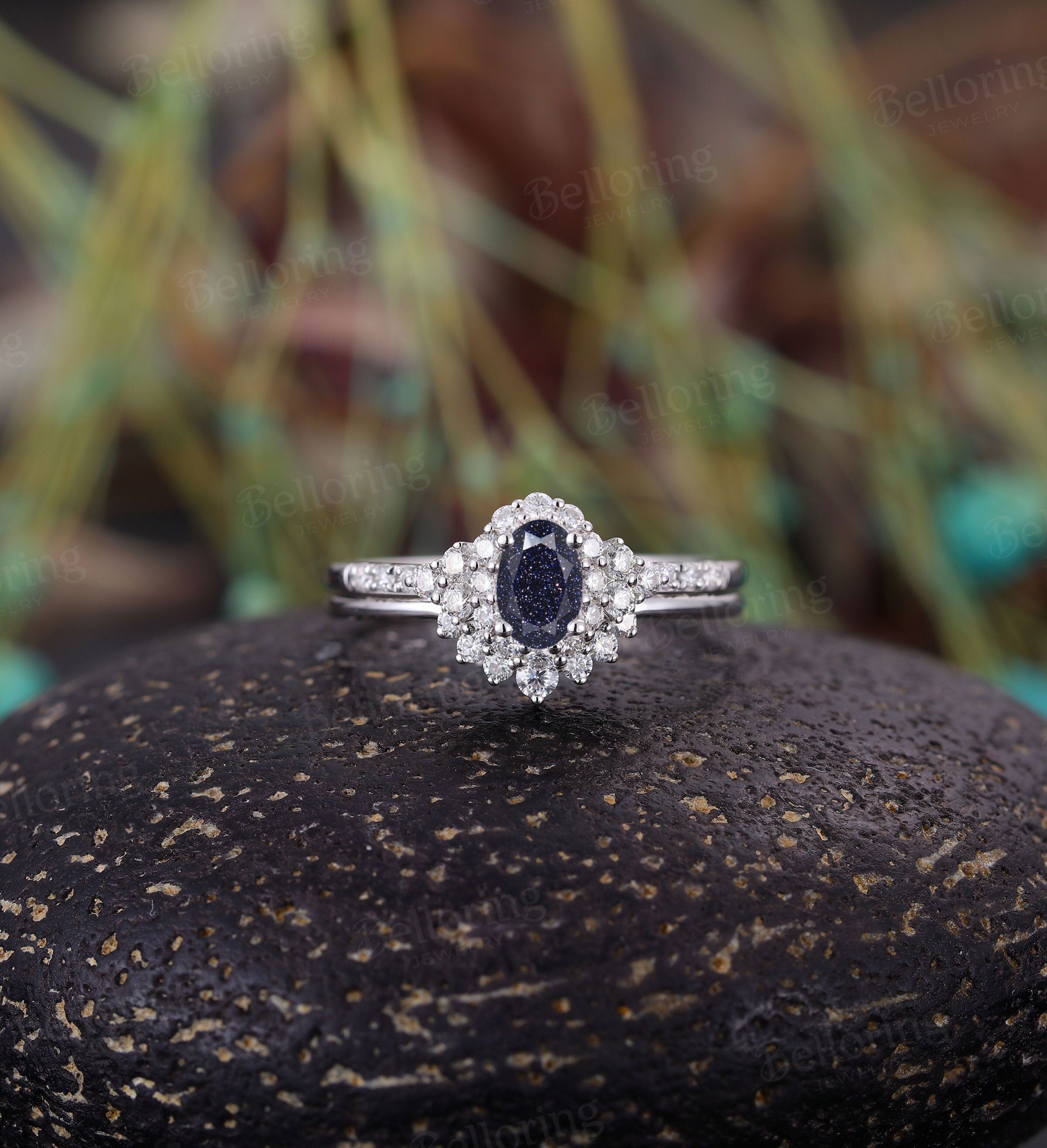 Blue Sandstone engagement ring set,Vintage oval shaped halo diamond ring, Art deco white gold Unique bridal promise Anniversary wedding ring