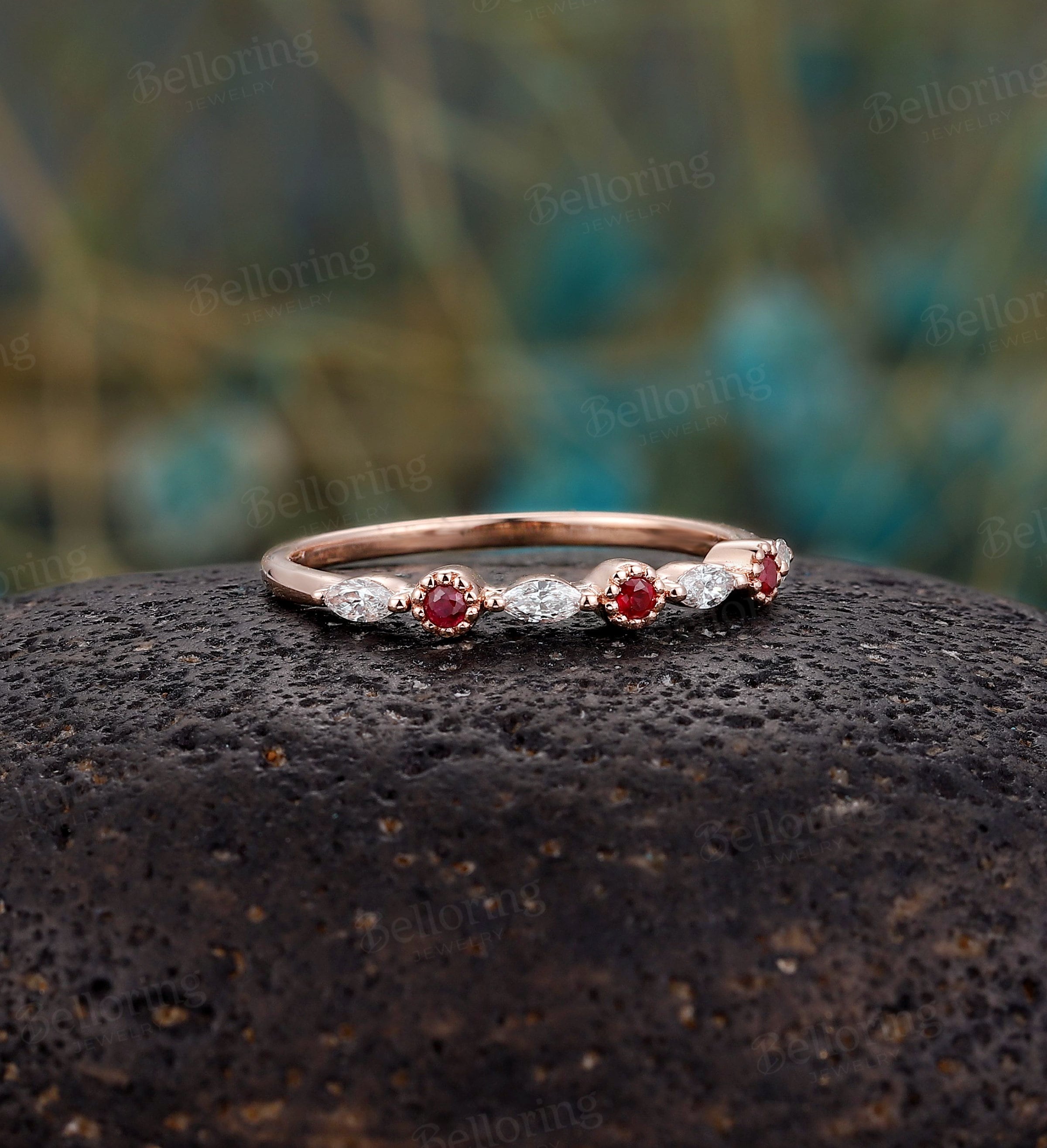 Half eternity Moissanite/Diamond wedding band, vintage rose gold ruby wedding ring, milgrain unique bridal ring,Promise Matching band