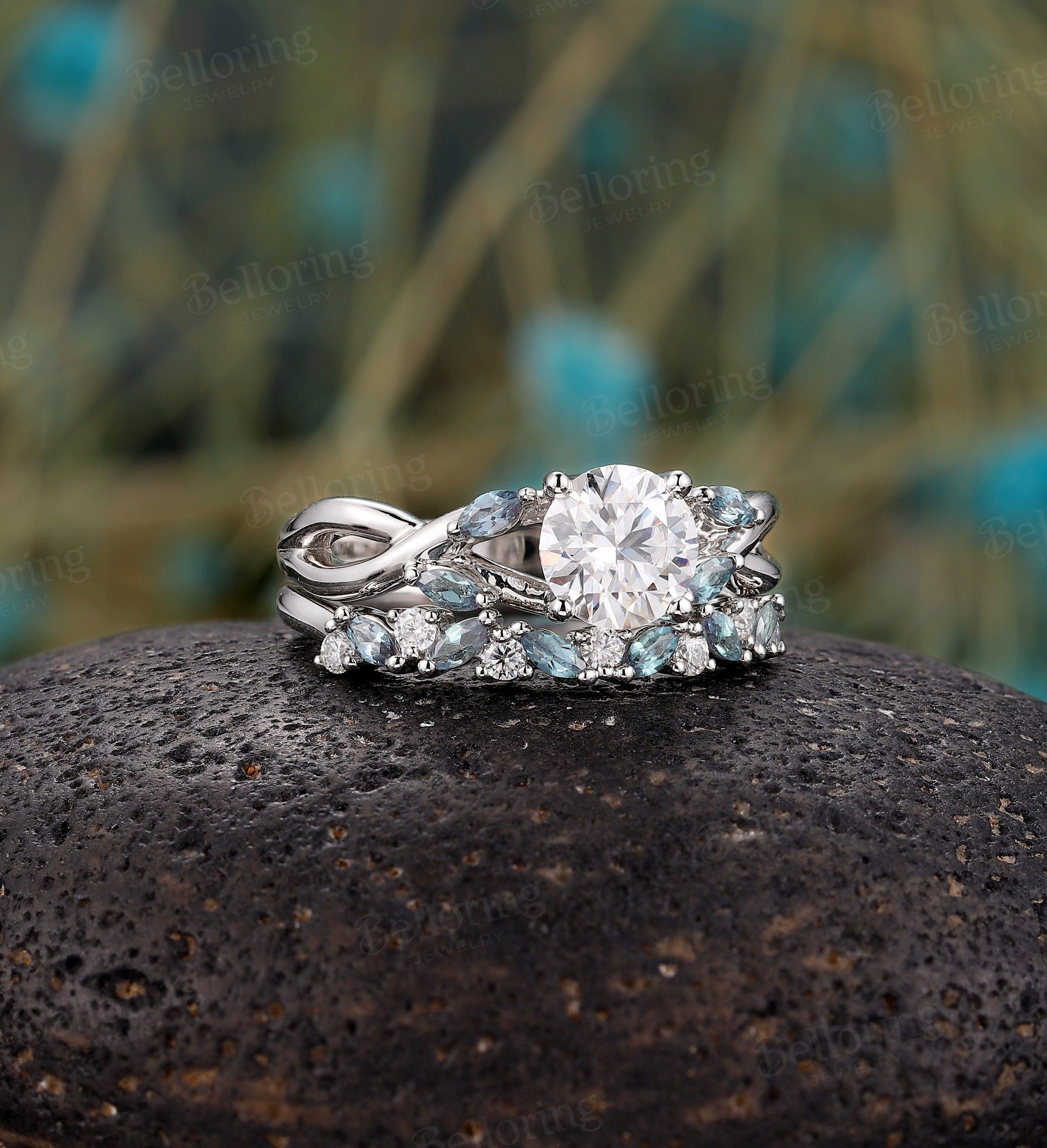 Moissanite engagement ring set, vintage white gold Lab alexandrite wedding ring, unique bridal ring set, promise Matching band stacking ring