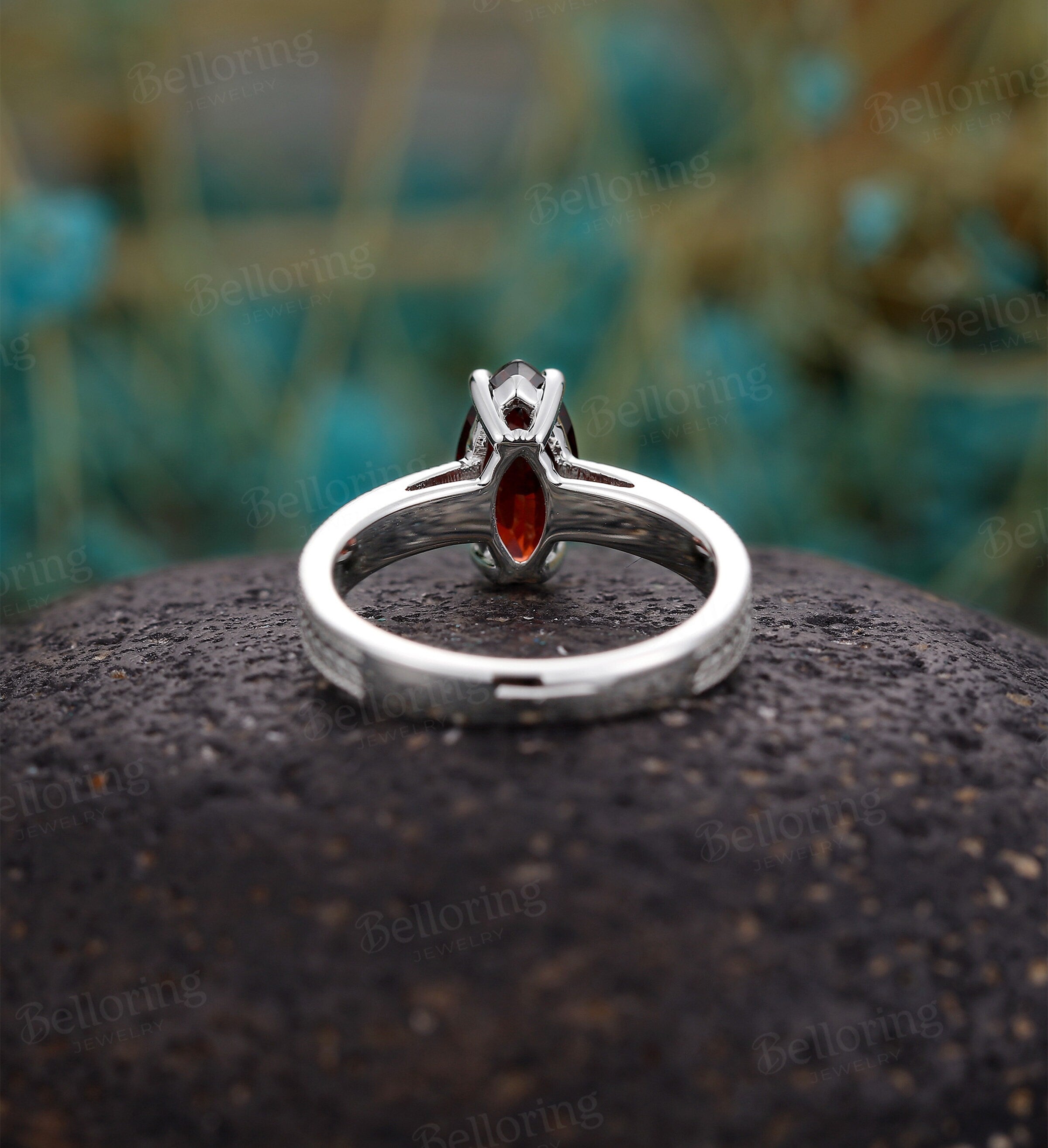 Marquise Garnet engagement ring, vintage white gold solitaire wedding ring, unique prong set bridal ring, promise engraved anniversary ring