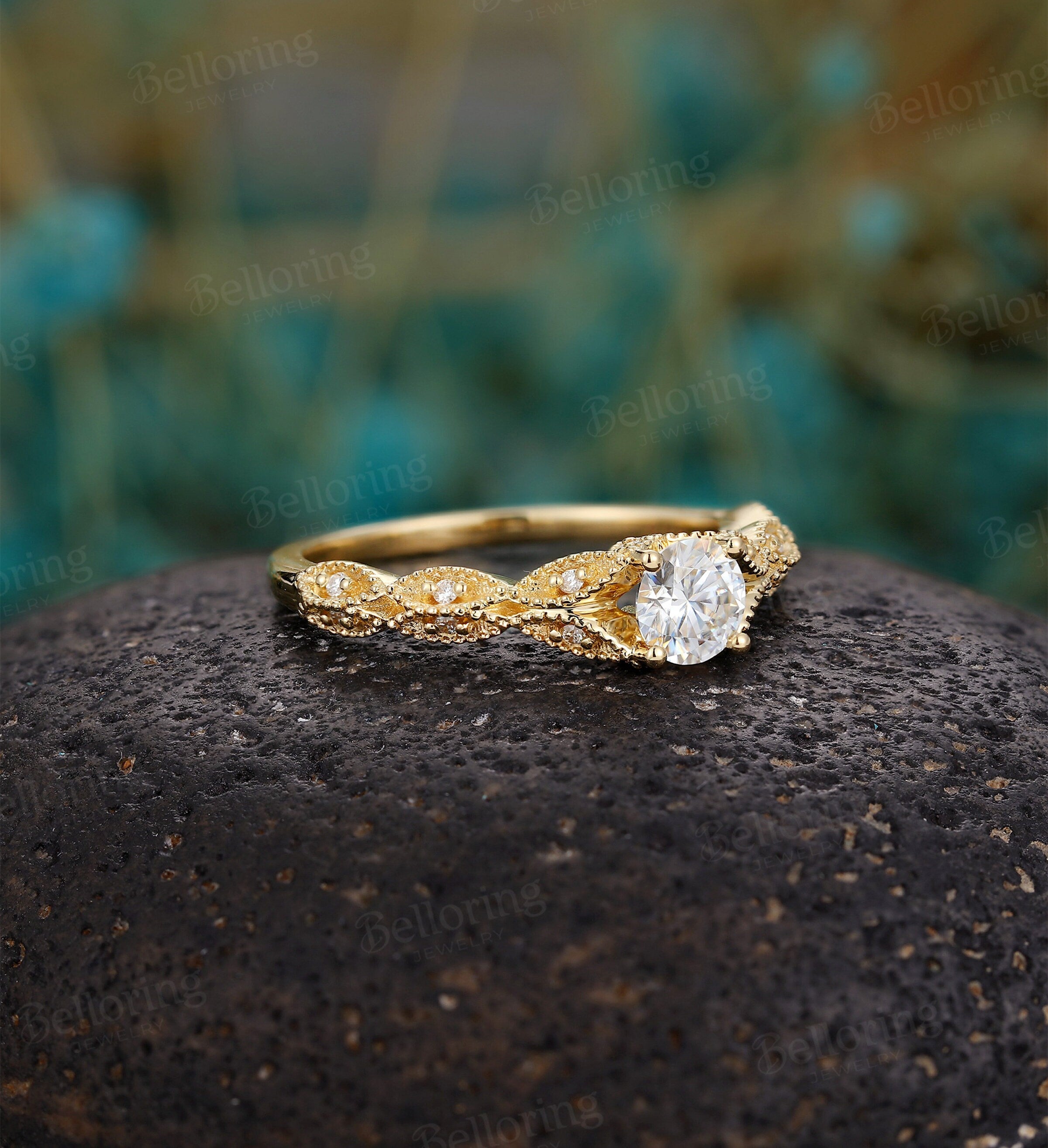 Moissanite engagement ring Vintage  Milgrain rose gold round cut diamond Art deco Unique wedding Jewelry promise Anniversary gift