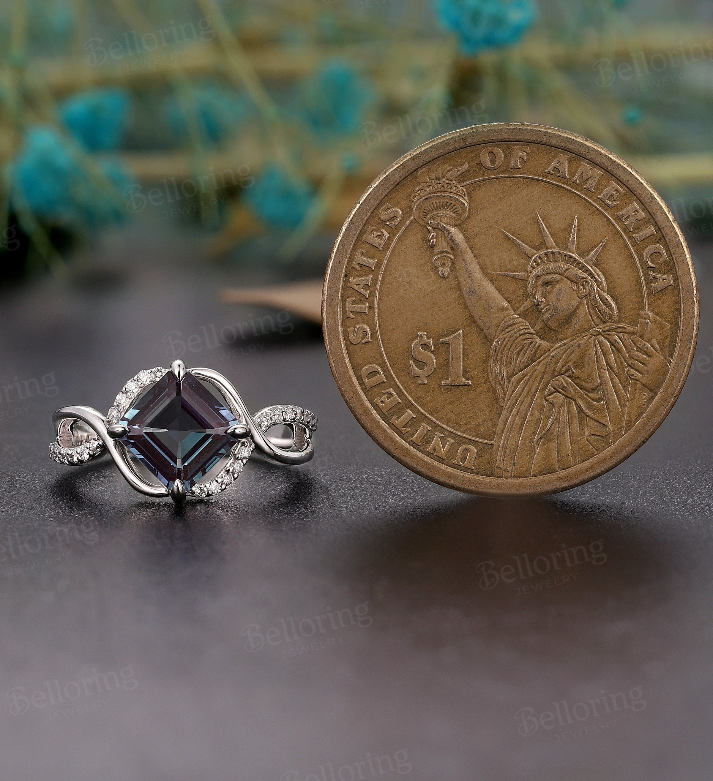 Asscher cut Alexandrite engagement ring, Vintage diamond/Moissanite white gold Unique wedding ring, Art deco twisted band Anniversary ring