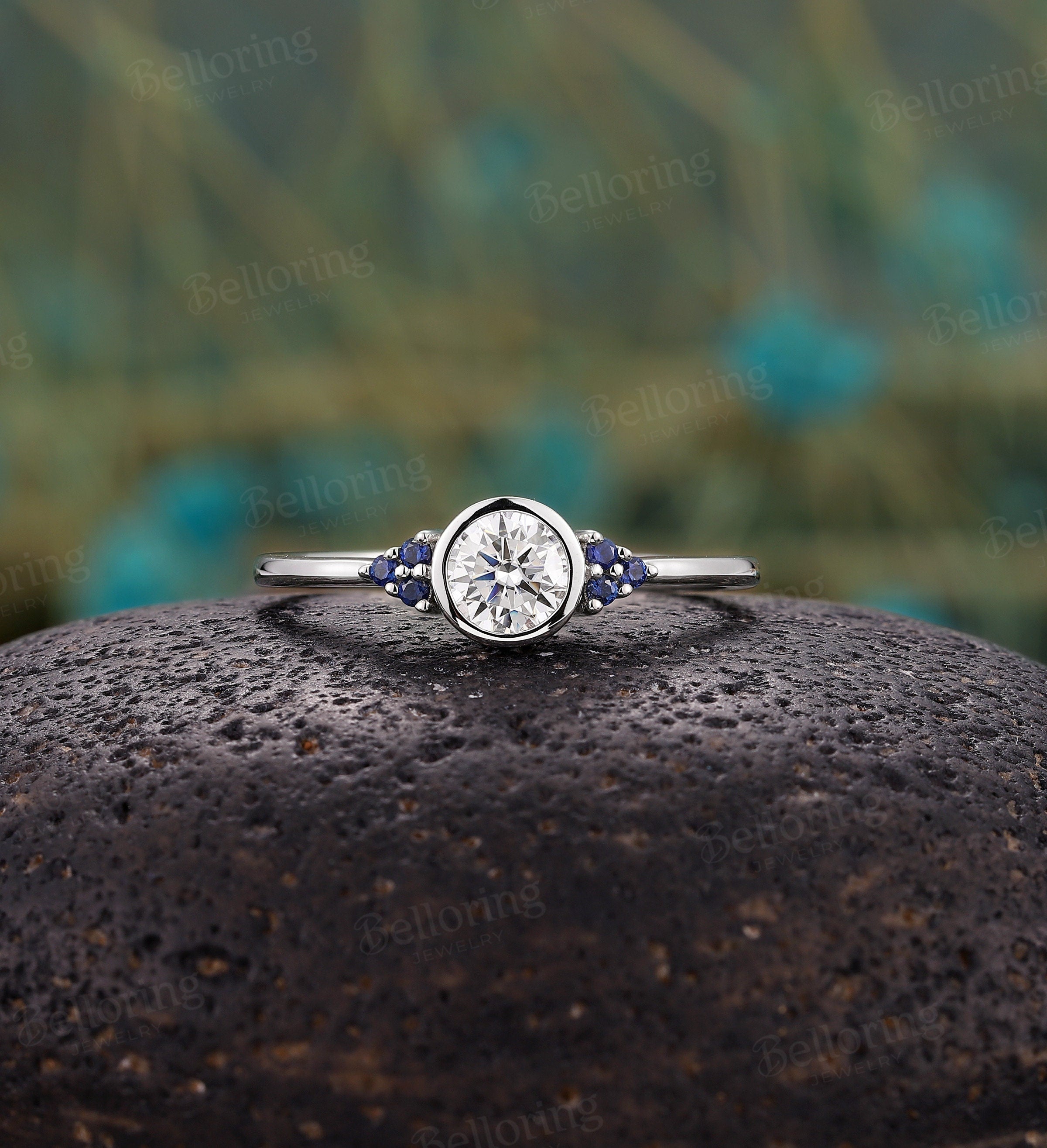 Art deco moissanite engagement ring, Vintage natural sapphire white gold promise ring, Unique Delicate wedding Bridal wedding ring